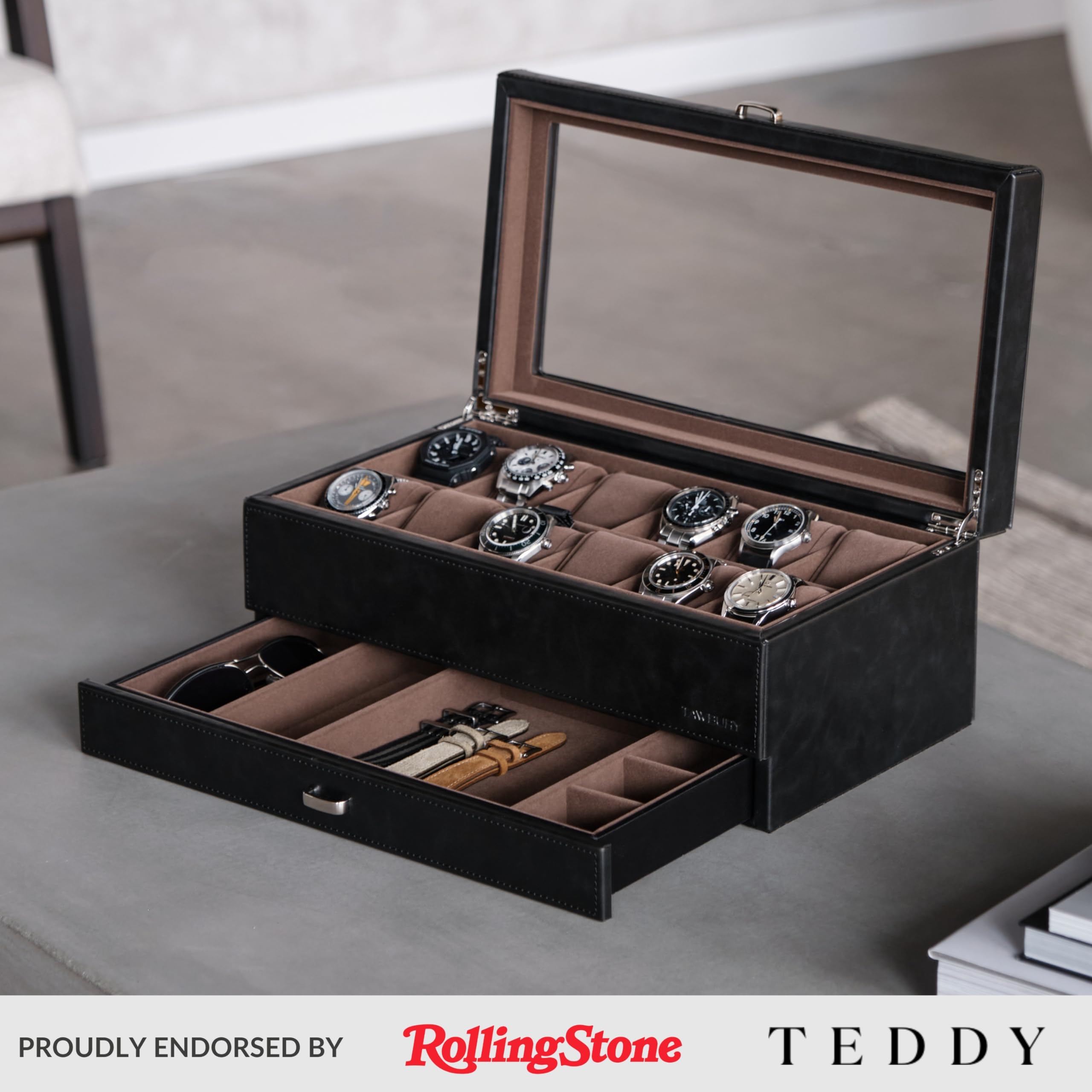 TAWBURY 12-Slot Watch Box for Men - Faux Leather Watch Storage Case | Perfect for Watch Collection & Display