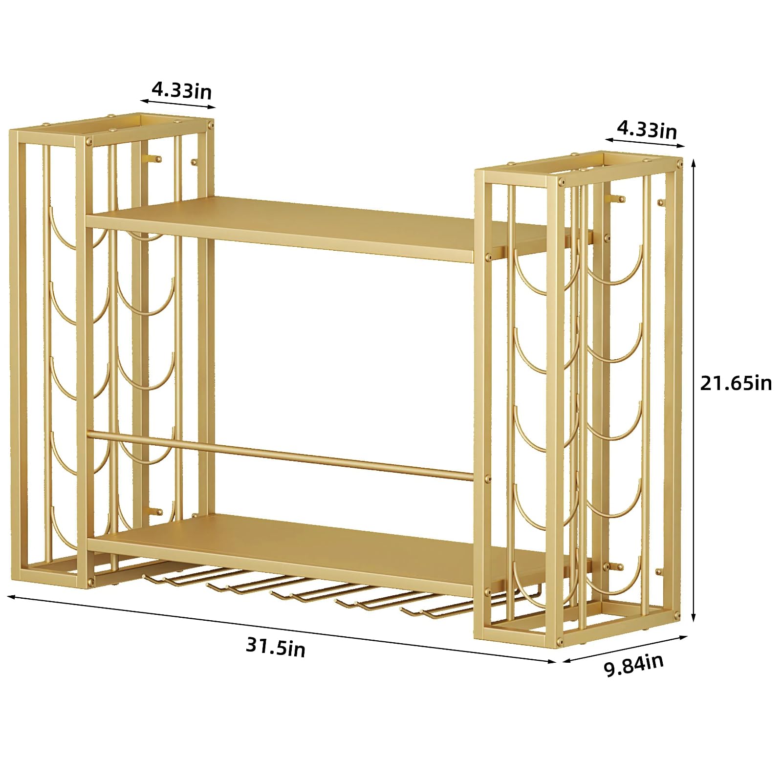 Wall Mounted Wine Rack - Floating Bar Shelf with Glass Holder | Metal Bottle Storage Display for Home Bar in Gold | Perfect for Kitchen, Dining Room & Entertainment Areas