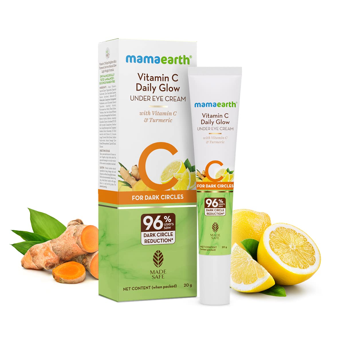 Mamaearth Vitamin C & Turmeric Under Eye Cream for Dark Circles - Ophthalmologist Tested, Safe Certified (20g) | Brightening Eye Treatment for Daily Glow, Dark Circle Reduction & Puffiness Relief