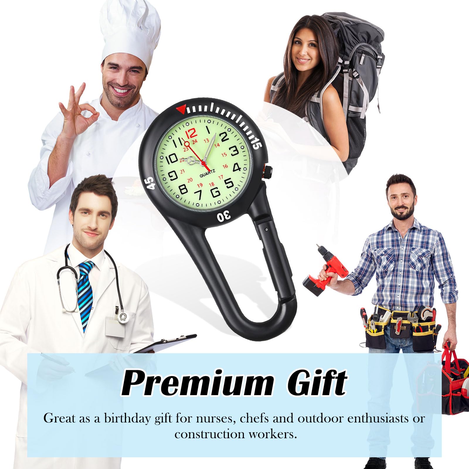 Nurse Watch Clip On Fob Watch with Carabiner - Black Quartz Dial Watch for Medical Professionals, Doctors, Nurses & Paramedics - Perfect for Healthcare Workers, Chefs & Outdoor Activities