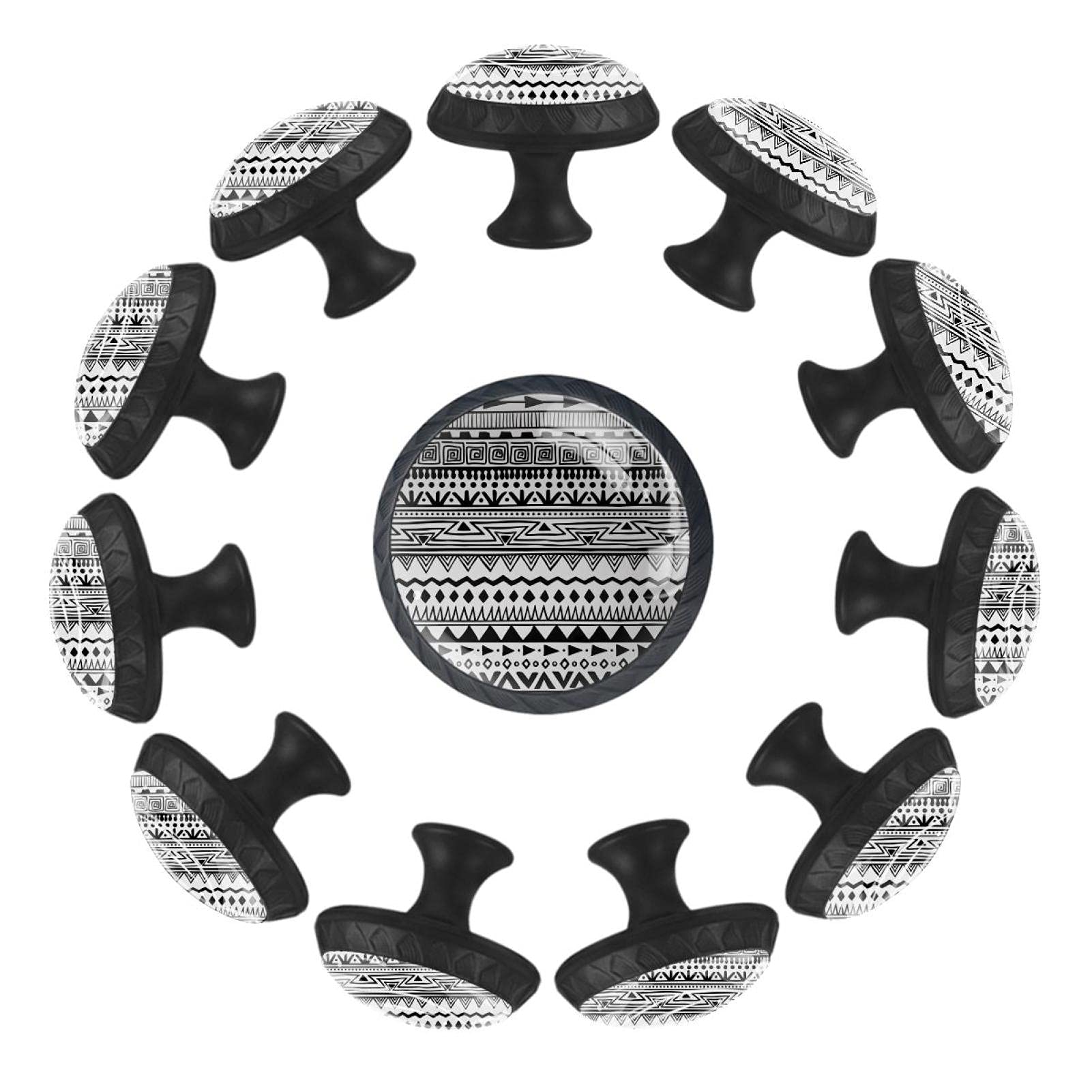 12 Pcs Bohemian Cabinet Knobs - Round Crystal Glass Drawer Pulls, Black & White Dresser Handles with Screws for Wardrobe, Cupboard, Kitchen Cabinets | Vintage Home Decor for Bedroom, Bathroom & Office