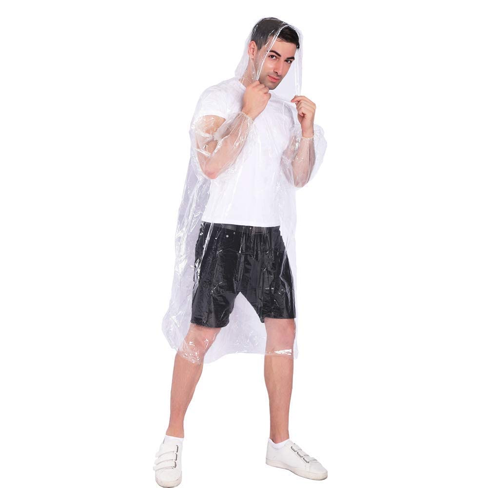 Disposable Rain Ponchos with Drawstring Hood (10 Pack) - Clear Emergency Rainwear for Adults & Family Outdoor Activities, Hiking, Camping, Sports Events