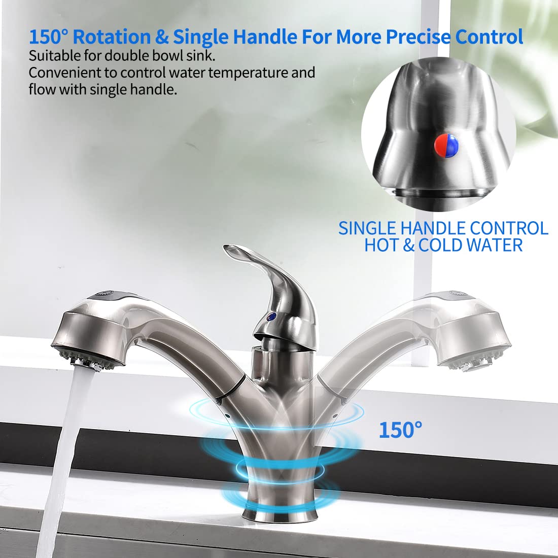 High-Quality Brushed Nickel Pull-Out Sprayer Kitchen Faucet - Single Handle 1-Hole Commercial RV Sink Faucet with 2 Spray Modes & 150° Rotation - Lead-Free Solid Brass Construction - Perfect for Modern Kitchens, Restaurants, and RV Living Spaces