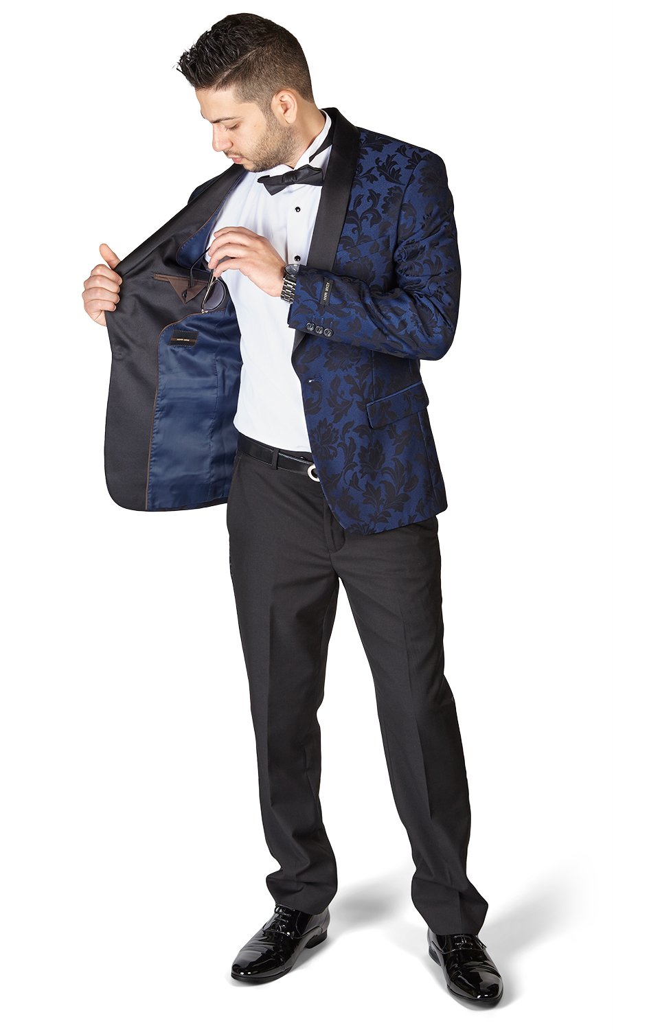 AZAR 1714 Slim Fit 1-Button Shawl Collar Satin Floral Tuxedo Jacket & Black Dress Pants Set for Men | Wedding Suit, Prom Tuxedo, Evening Party Attire, Gala Outfit, Formal Occasions