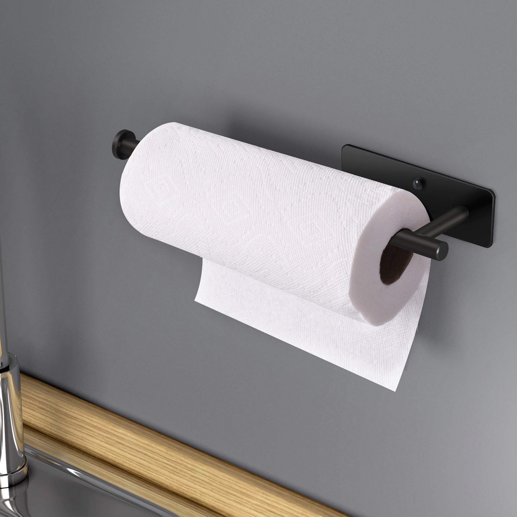 VAEHOLD Self-Adhesive Under Cabinet Paper Towel Holder - Wall Mount Stainless Steel Paper Towel Roll Rack for Kitchen & Bathroom - SUS304 Black | Space-Saving Solution for Small Kitchens & Compact Bathrooms