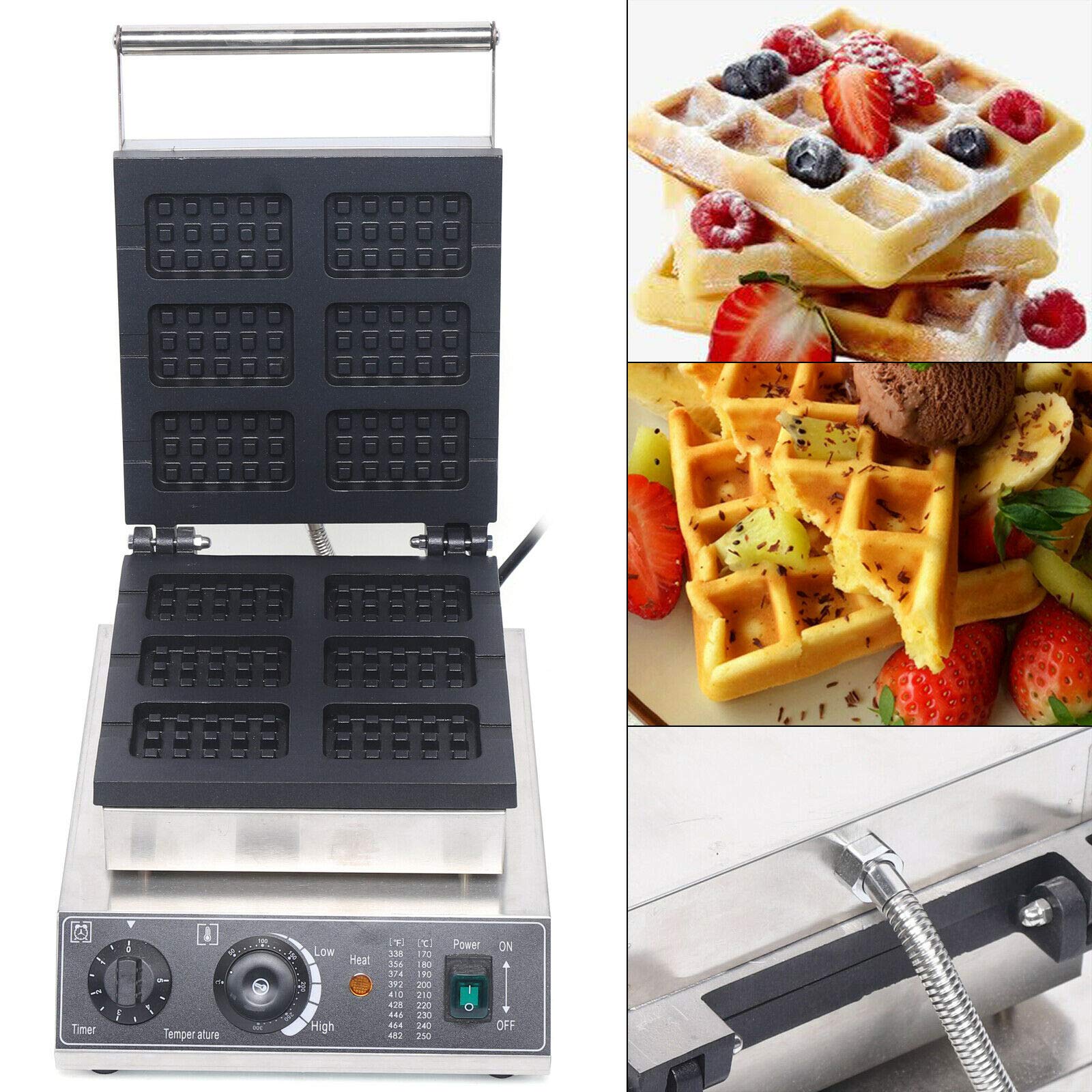 6PCS 1500W Electric Waffle Maker - 110V Square Waffle Iron with Adjustable Temperature (50-300°C) & Timer (0-5 Min) - Perfect for Home, Cafe, or Restaurant Breakfast - Make Belgian Waffles, Pancakes, and Desserts Easily