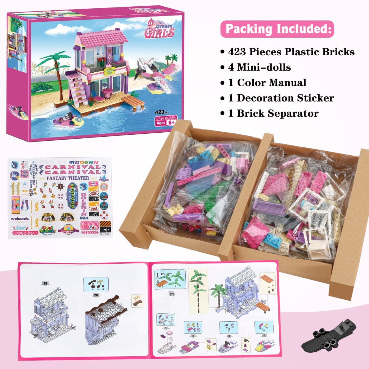 Dream Girls Beach House Building Blocks Set - 423Pcs Friends Seaside Villa with Plane & Jet Ski, Creative Construction Toy for Kids Ages 6-12 | Perfect for Birthday Gifts, STEM Learning & Imaginative Play