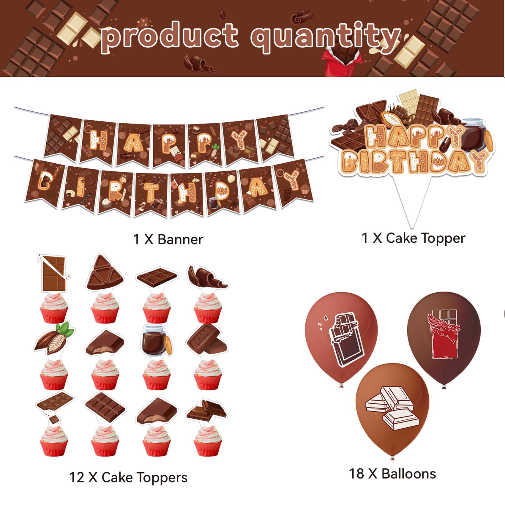 Chocolate Birthday Party Decorations Set - HAPPY BIRTHDAY Banner, Cake Topper, Cupcake Toppers & Balloons for Chocolate Themed Celebrations | Perfect for Birthday Parties, Baby Showers & Anniversary Decor
