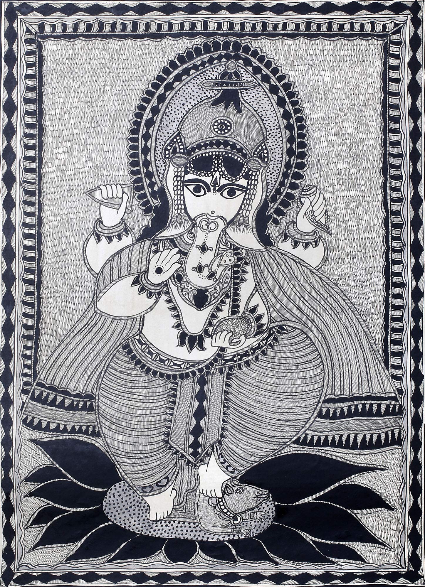 Bhagawan Ganesha Standing on Mouse - Authentic Madhubani Painting on Handmade Cow Dung Treated Paper | Hindu God Ganesha Wall Art for Home Decor & Spiritual Pooja Room