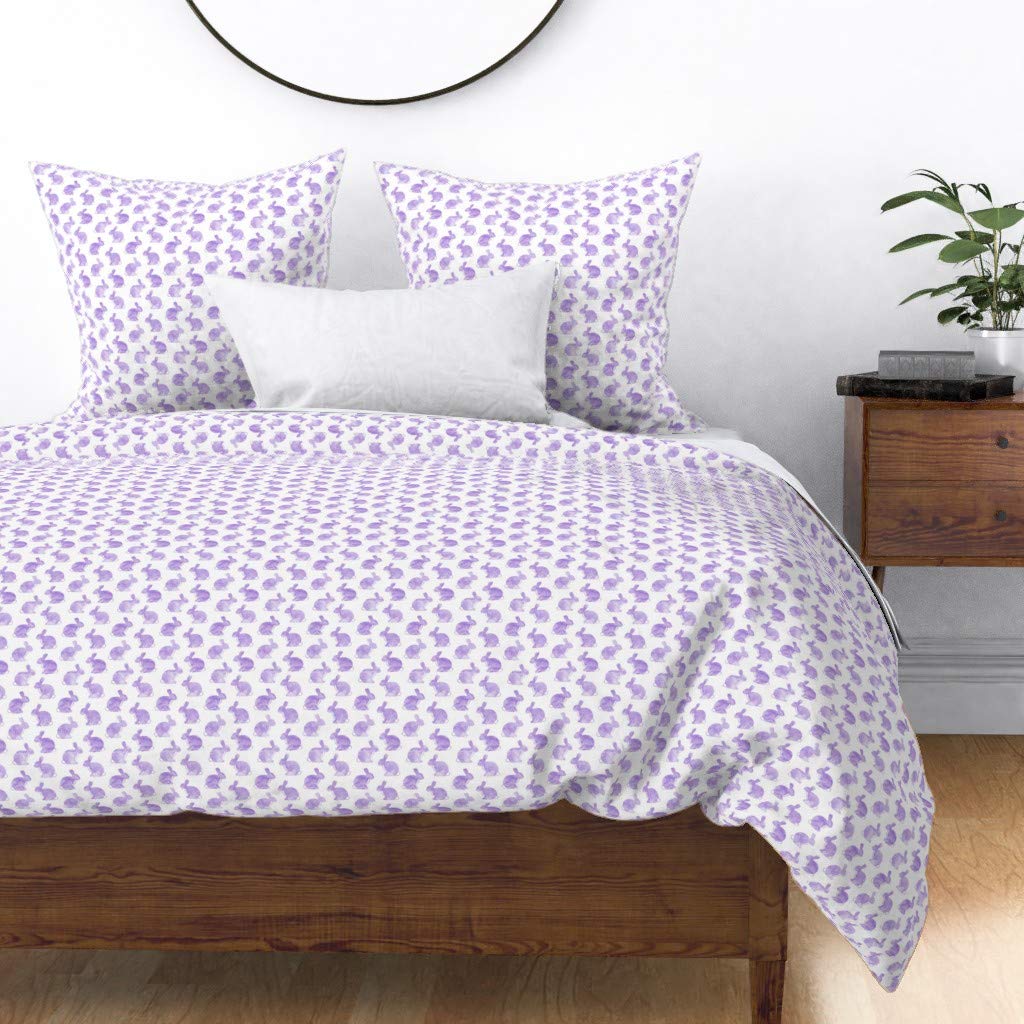 Watercolor Bunnies Purple Easter Rabbit Cotton Sateen Duvet Cover - Full/Queen Size, Trendy Lilac Spring Pastel Kids Bedding | Woodland Animal Print Custom Duvet for Easter Decor, Nursery Room & Holiday Home Decor