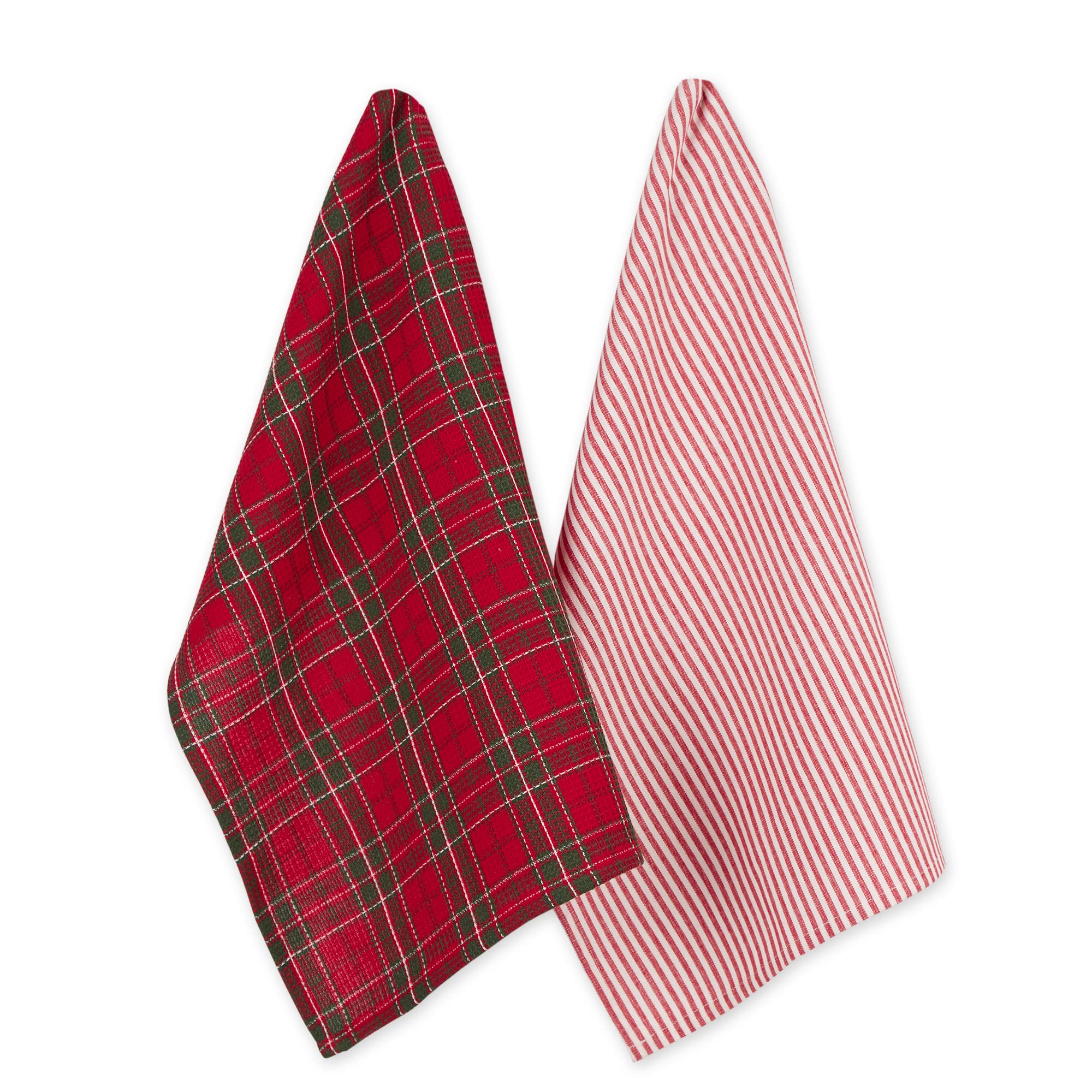 Vintage Christmas Tea Towels Set - 2-Piece Decorative Holiday Kitchen Dish Towels, 18x28 Inches, Tartan Plaid & Thin Red Stripe - Perfect for Holiday Decor, Gift Giving & Festive Kitchen Use
