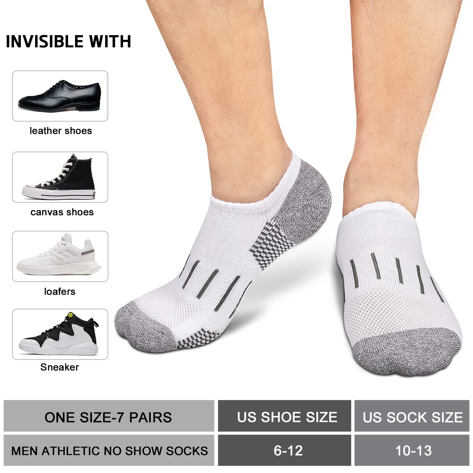 Heatuff No Show Socks for Men - 7 Pairs Low Cut Athletic Socks with Cushion & Non-Slip Grip - Breathable Invisible Socks for Running, Gym, Workout & Daily Wear
