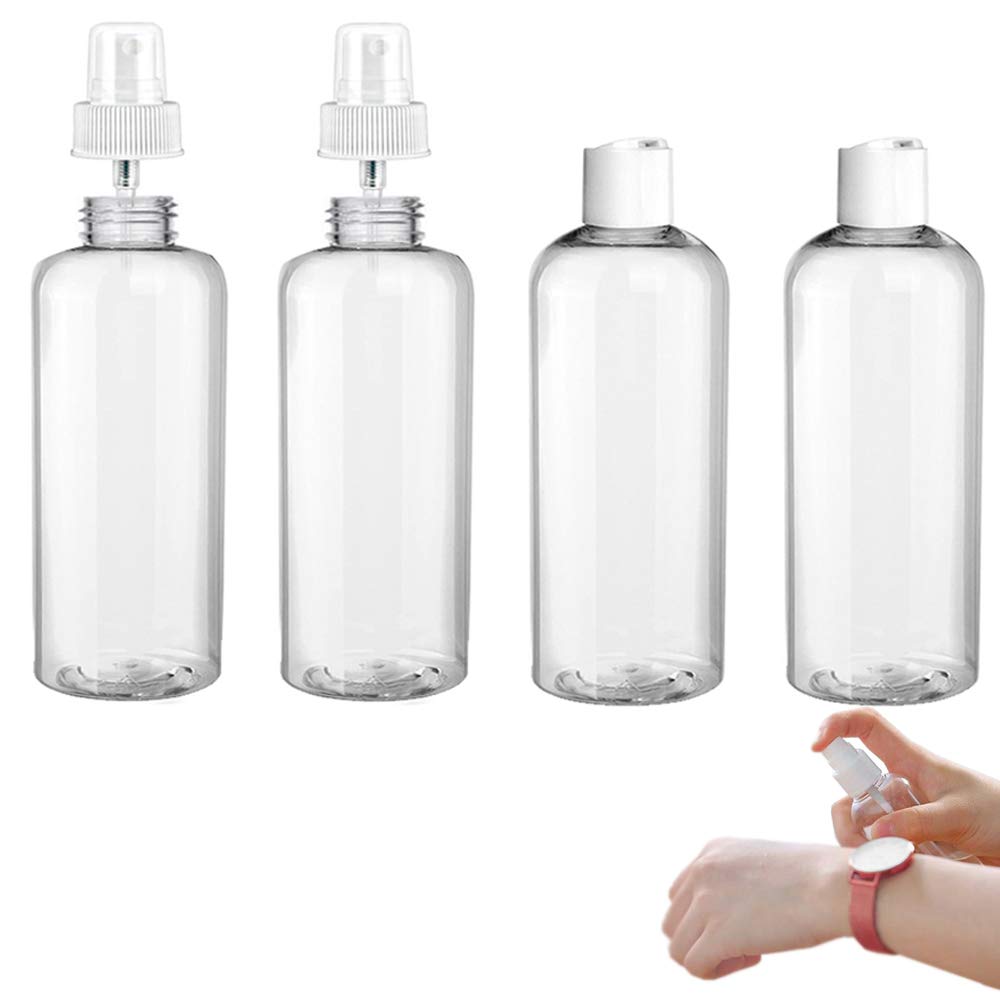4-Pack 100ml Clear Empty Plastic Bottles with Spray Dispenser - Travel-Friendly Refillable Containers for Toiletries, Cosmetics & Essential Oils - Perfect for TSA Compliance, Gym, Camping & Home Organization