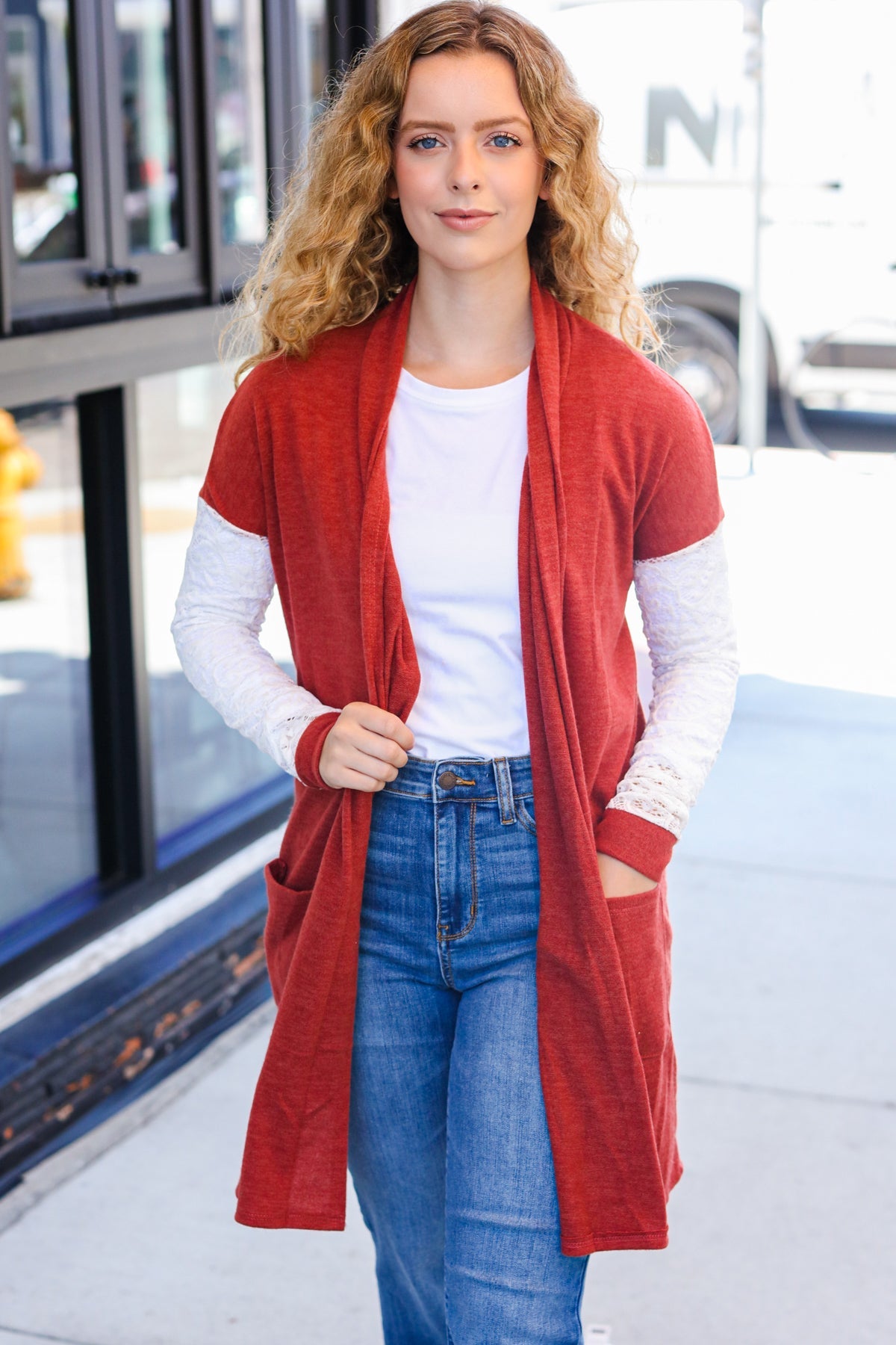 Stylish Rust Lace Sleeve Hacci Cardigan with Front Pocket - Perfect for Casual Days, Coffee Dates & Fall Layering