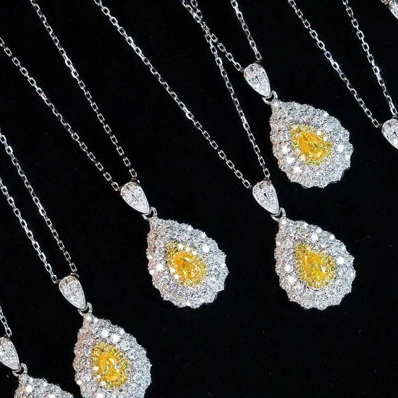 18K White Gold Real Yellow Natural Diamond Vintage Droplet Pendant Necklace for Women - Elegant Wedding, Anniversary & Special Occasion Jewelry Gift