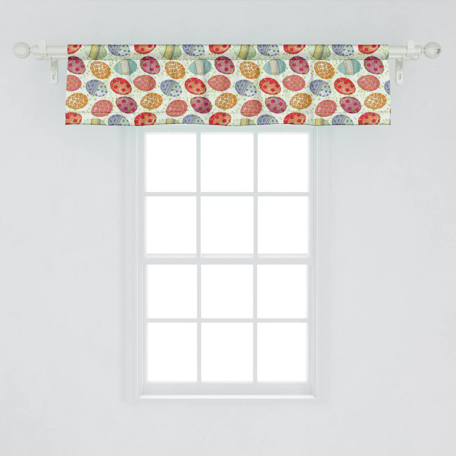 Ambesonne Easter Window Valance Set of 2 - Vintage Floral Egg Design on Green Leafy Branches - Rod Pocket Kitchen & Bedroom Curtain Valances 54