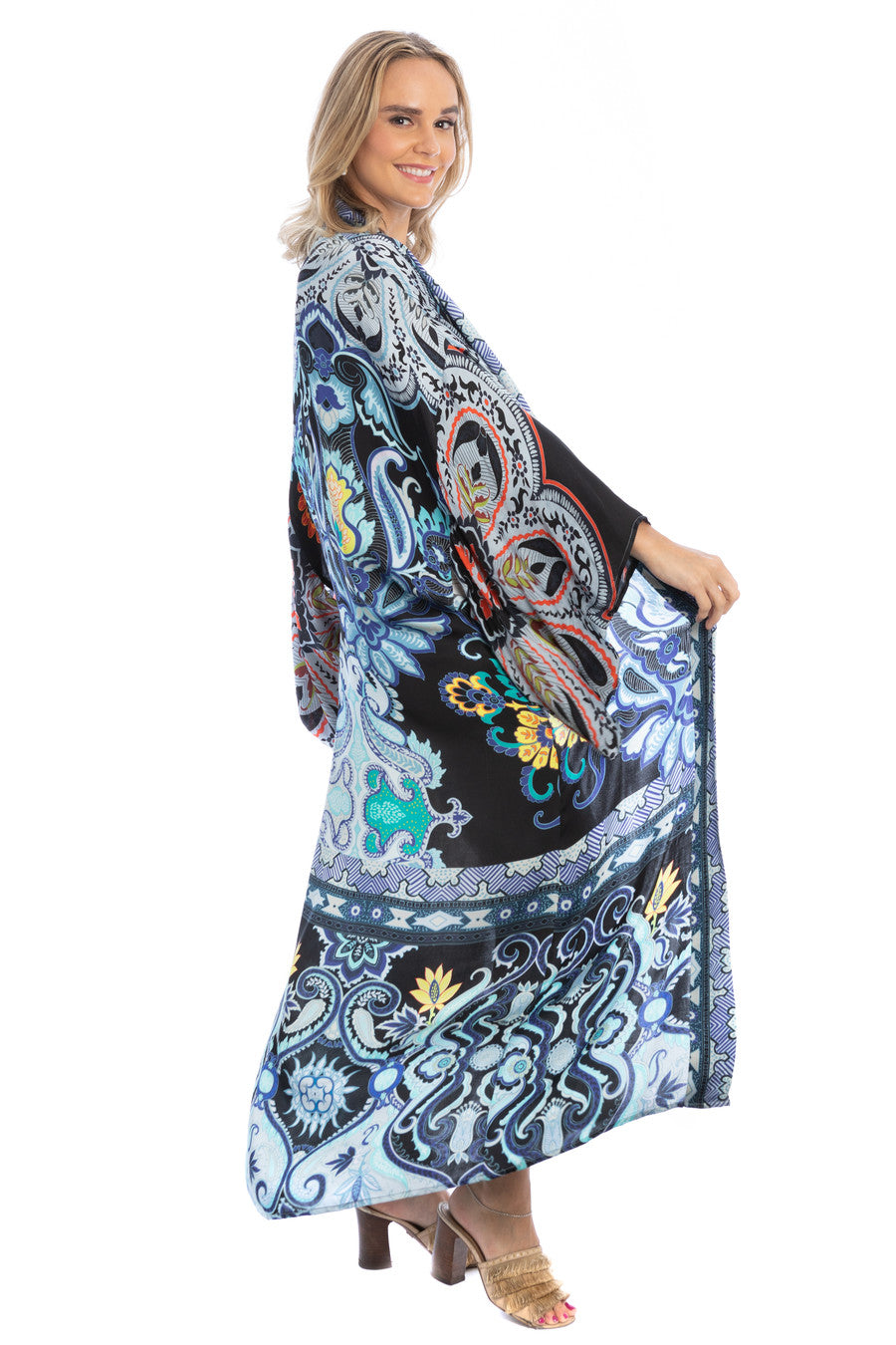 Bohemian Paisley Printed Kimono Robe - Floral Long Sleeve Cover Up for Women - Perfect for Beach, Pool, or Lounge Wear