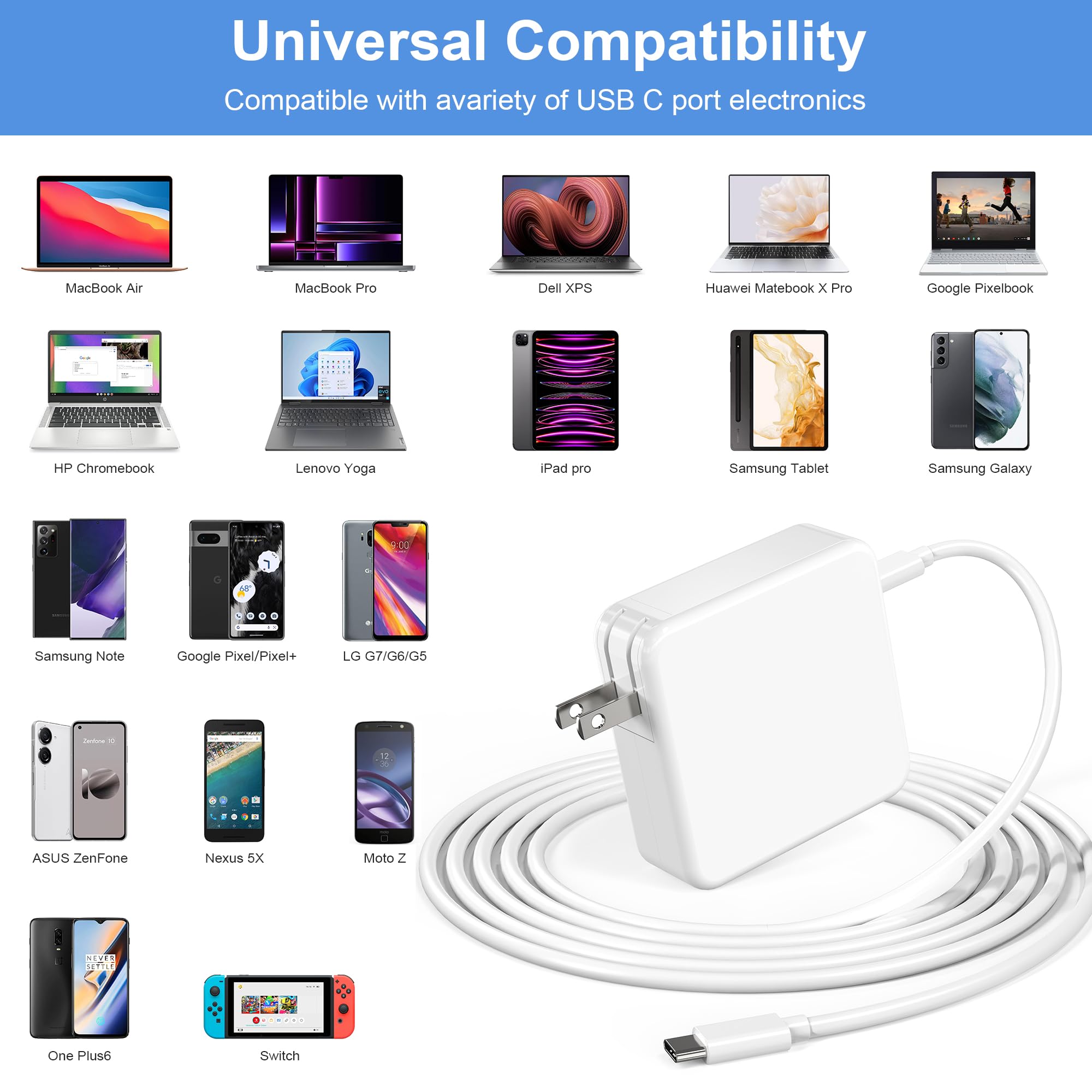 100W USB C Fast Charger for MacBook Pro/Air 16 15 14 13 Inch (2021-2024) & All USB-C Devices | MacBook Power Adapter with PD 3.0 | Perfect for Home, Office & Travel Charging