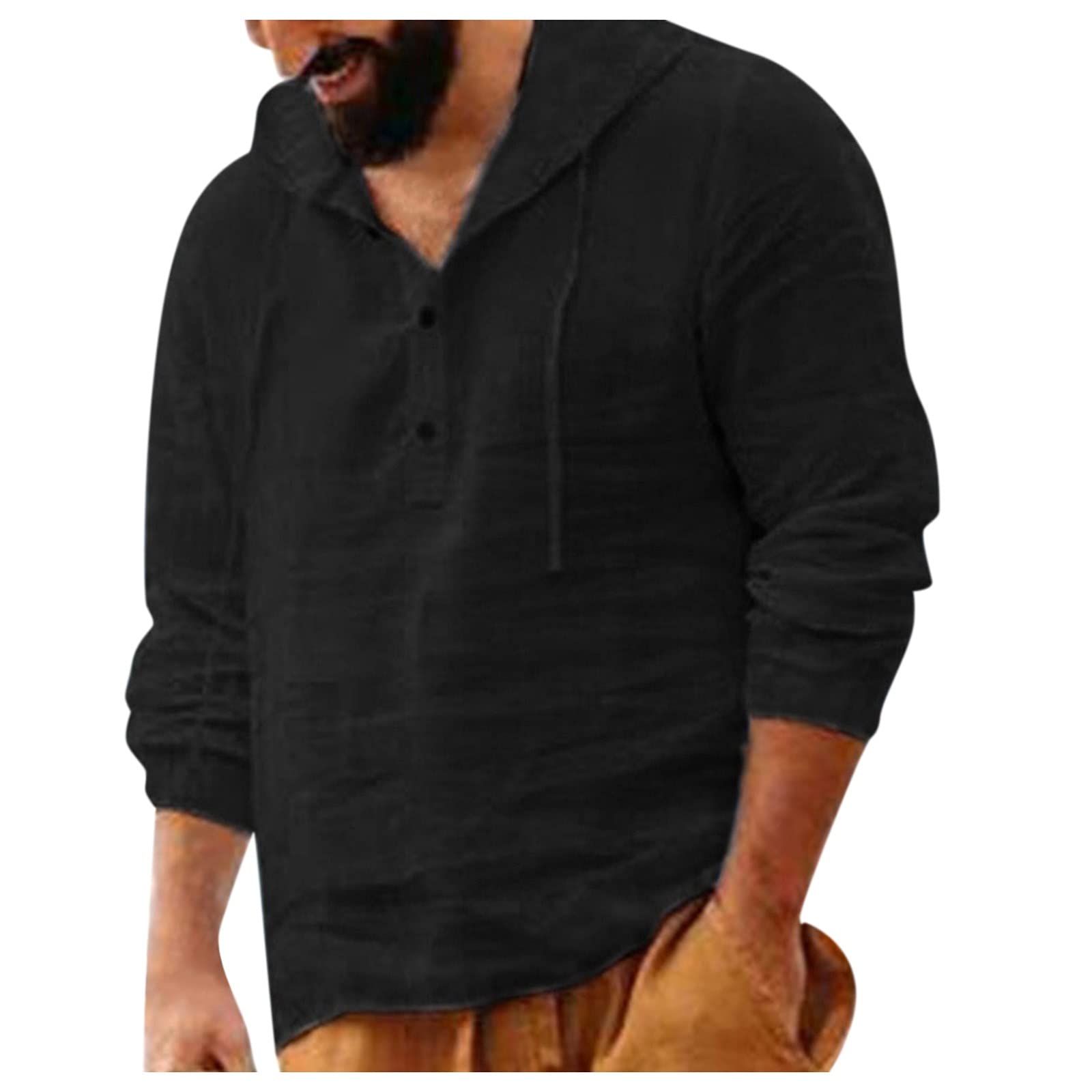 Men's Cotton Long Sleeve Casual Hooded Shirt - Autumn Solid Color Blouse Top for Outdoor Activities and Daily Wear