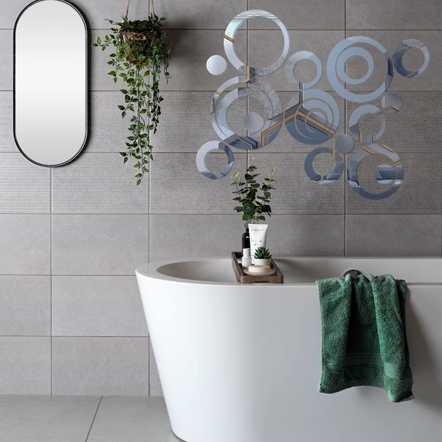 KIMOBER 24PCS Round Silver Acrylic Mirror Wall Stickers - Removable DIY Self-Adhesive Mirror Decals for Home Decor, Bedroom, Bathroom & Living Room Wall Art