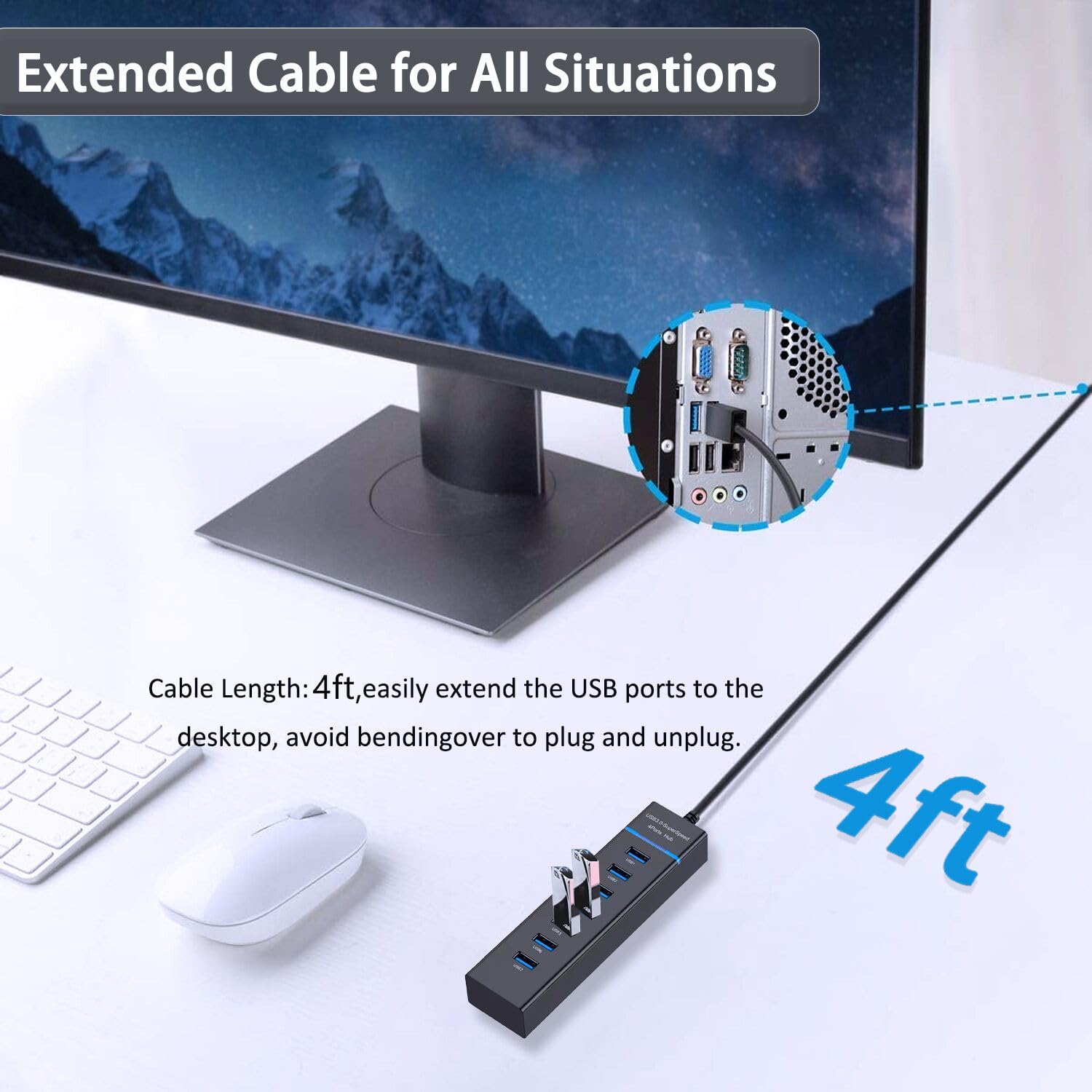VIENON 7-Port USB 3.0 Hub with 4FT Cable - High-Speed Data Transfer for Laptop, PC, MacBook, iMac, Surface Pro | Perfect for Home Office, Gaming Setup & Multiple Device Charging