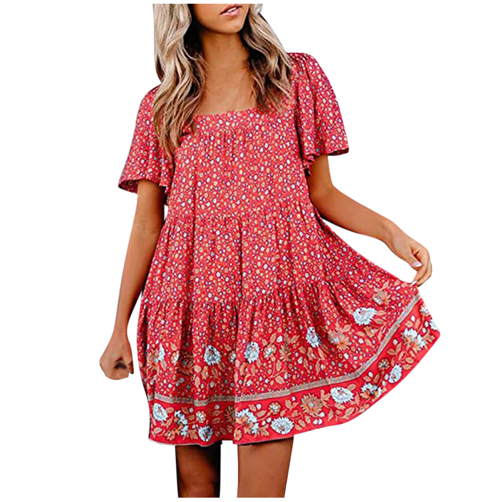 Boho Vintage Floral Print Dress for Women - Square Neck Ruffle Short Sleeve Pleated Swing Mini Dress | Perfect for Summer Beach Vacations, Music Festivals & Date Nights