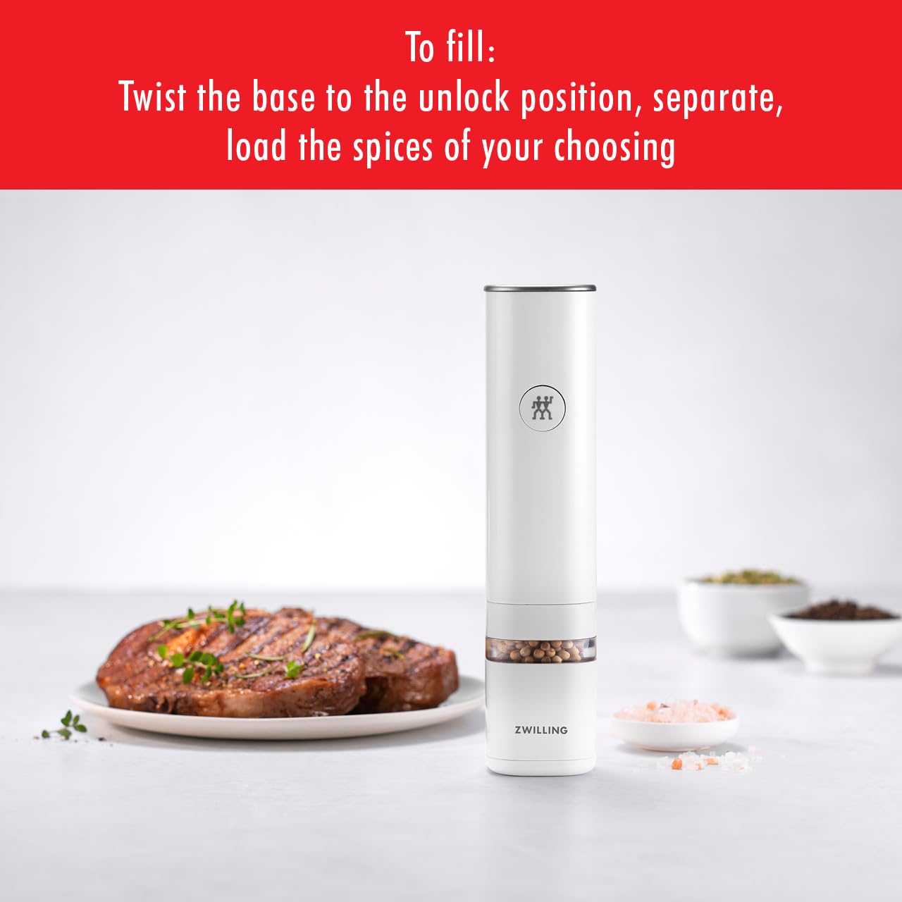 ZWILLING Enfinigy Electric Salt and Pepper Mill Set - Battery Operated, Adjustable Grinder for Fresh Seasoning - Perfect for Kitchen, Dining Table, and Gourmet Cooking - White
