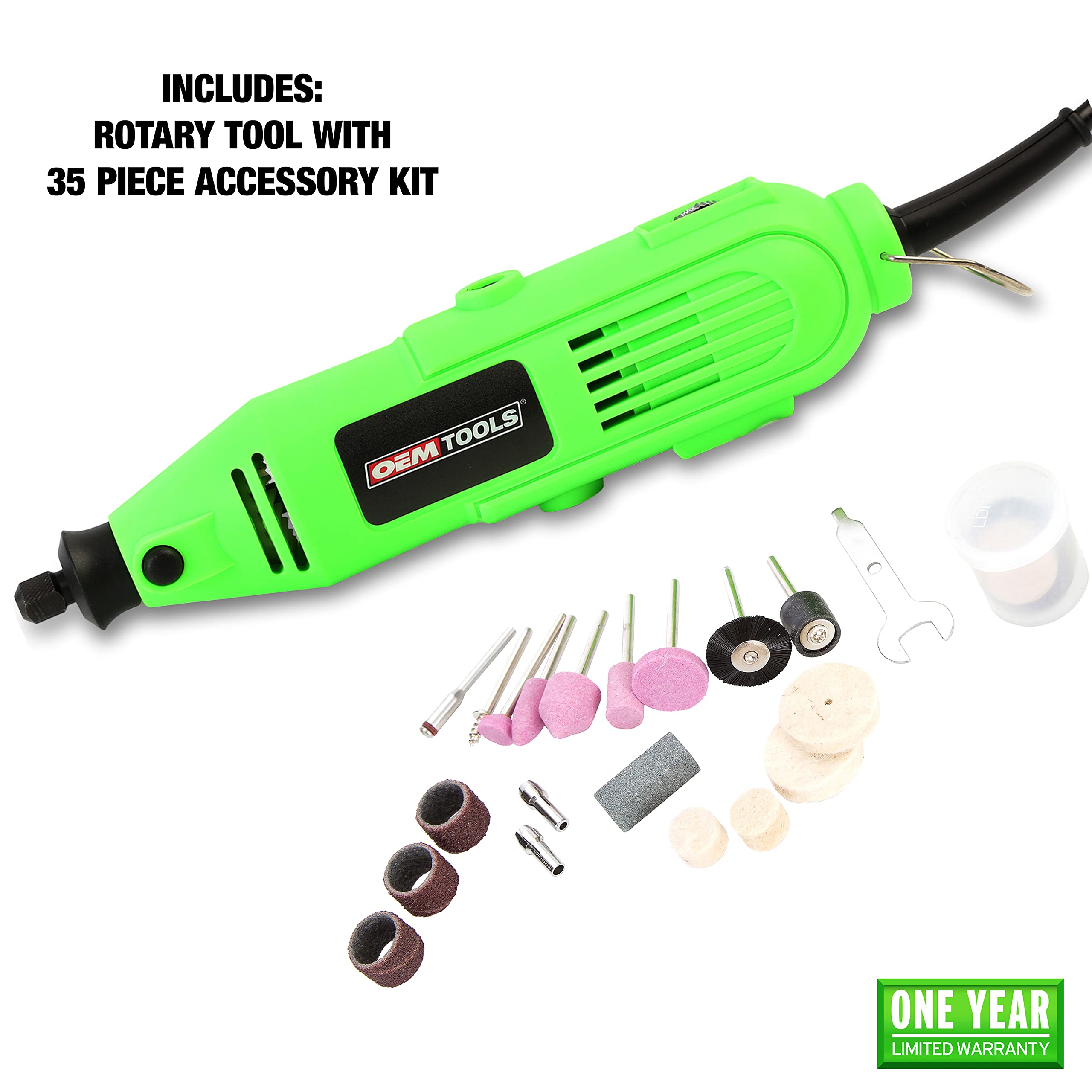 OEMTOOLS 24664 Corded Rotary Tool Kit with 35-Piece Accessory Set - Multi-Purpose Rotary Tool for Sanding, Grinding, Polishing & DIY Projects - Green & Black Rotary Tool for Woodworking, Metalworking & Crafts