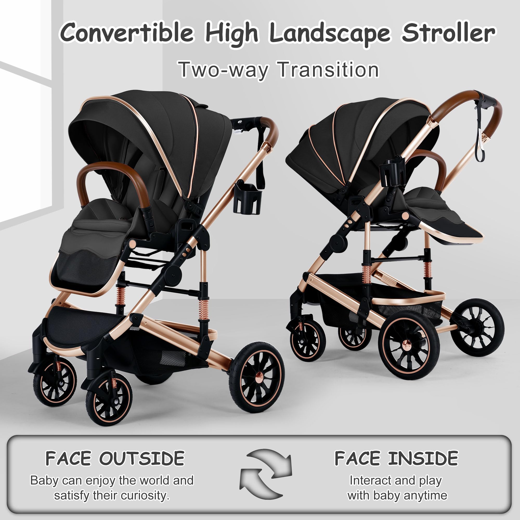 Convertible Baby Stroller - Lightweight Folding Infant Stroller with Large UV Protection Canopy, Adjustable Reclining Backrest, Cup Holder & Storage Basket | Perfect for Travel, Shopping & Daily Walks (Black)