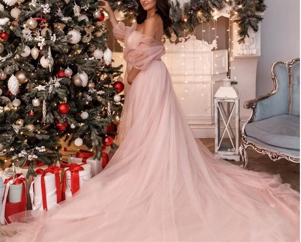 Maternity Tulle Bathrobe for Photoshoot - Off Shoulder Sweetheart Dressing Gown for Pregnancy, Birthday & Bridal Shower - Soft Loungewear for Moms-to-Be, Photo Sessions & Special Occasions