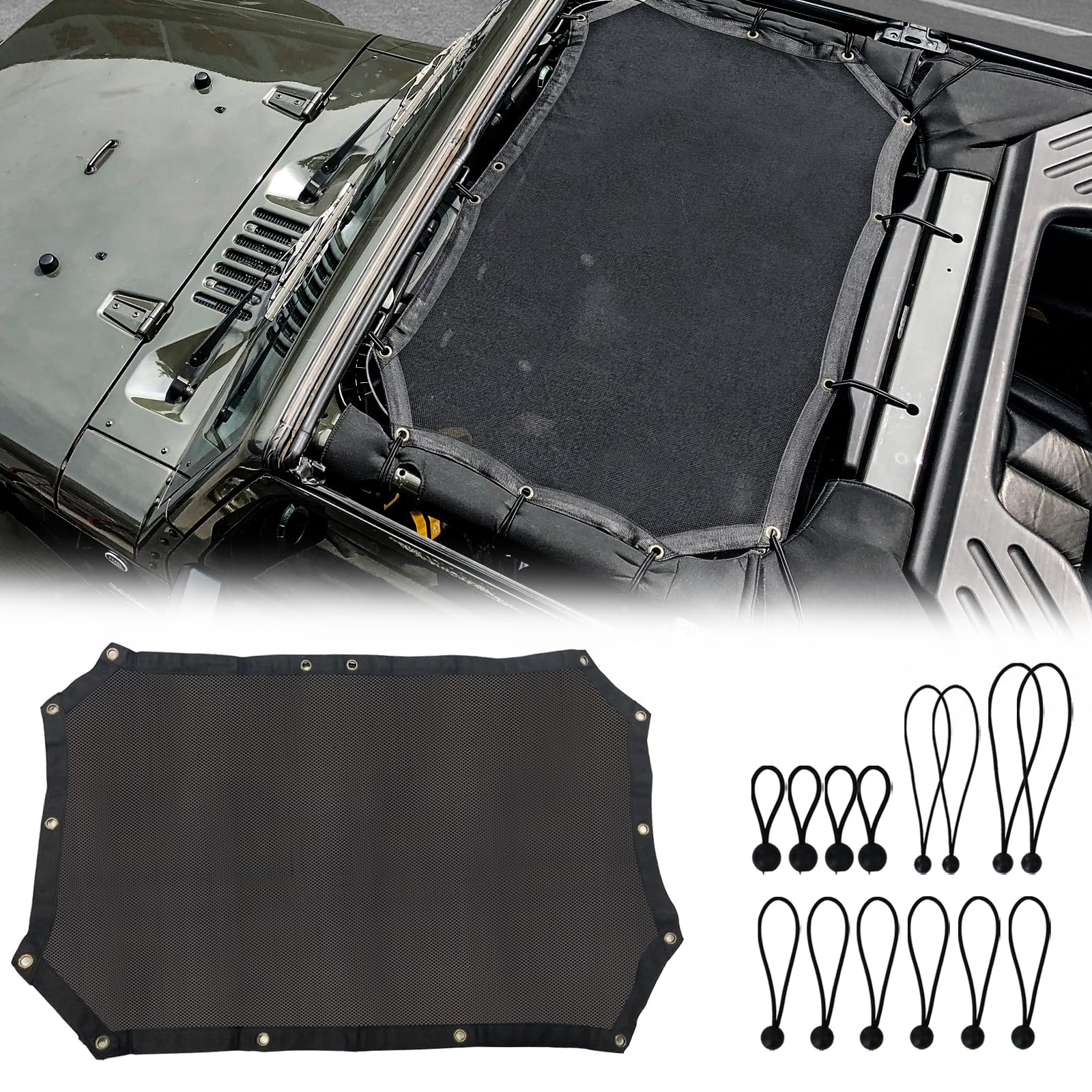 Jeep Wrangler JK Sunshade Top - Mesh Bikini Top for 2/4 Door Soft/Hard Top - UV Protection & Wind Shield - Perfect for Off-Roading & Summer Driving