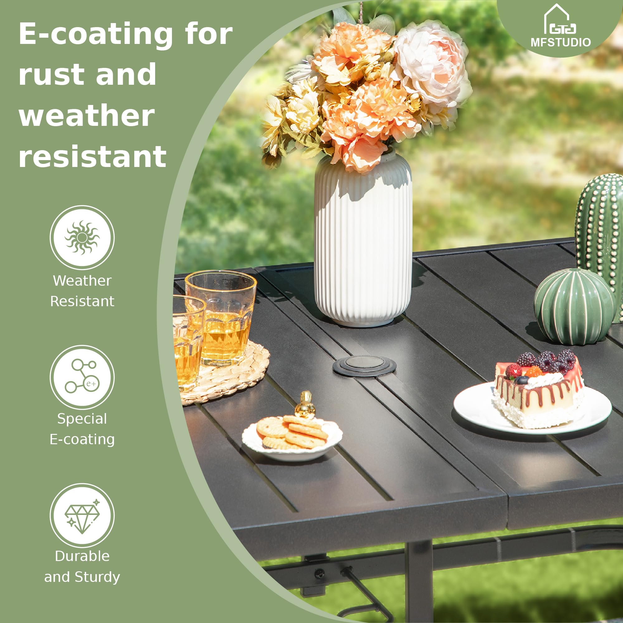 MFSTUDIO 7-Piece Outdoor Patio Dining Set - Rectangular Metal Table with 6 Rattan Swivel Chairs & Adjustable Umbrella Hole - Perfect for Backyard, Garden, Poolside & BBQ Gatherings