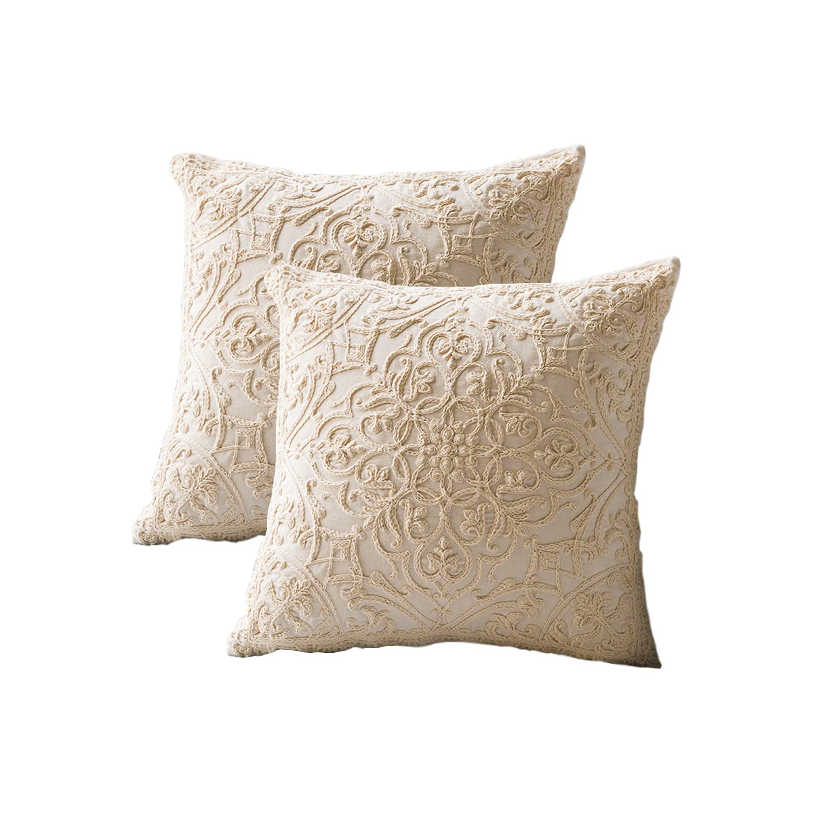 YIcabinet Set of 2 Cotton Linen Embroidery Decorative Throw Pillow Covers 18x18 Inches - Geometric Pattern Cushion Covers for Sofa, Bed, Living Room & Home Decor (Beige) - Perfect for Cozy Home Styling and Gift Giving