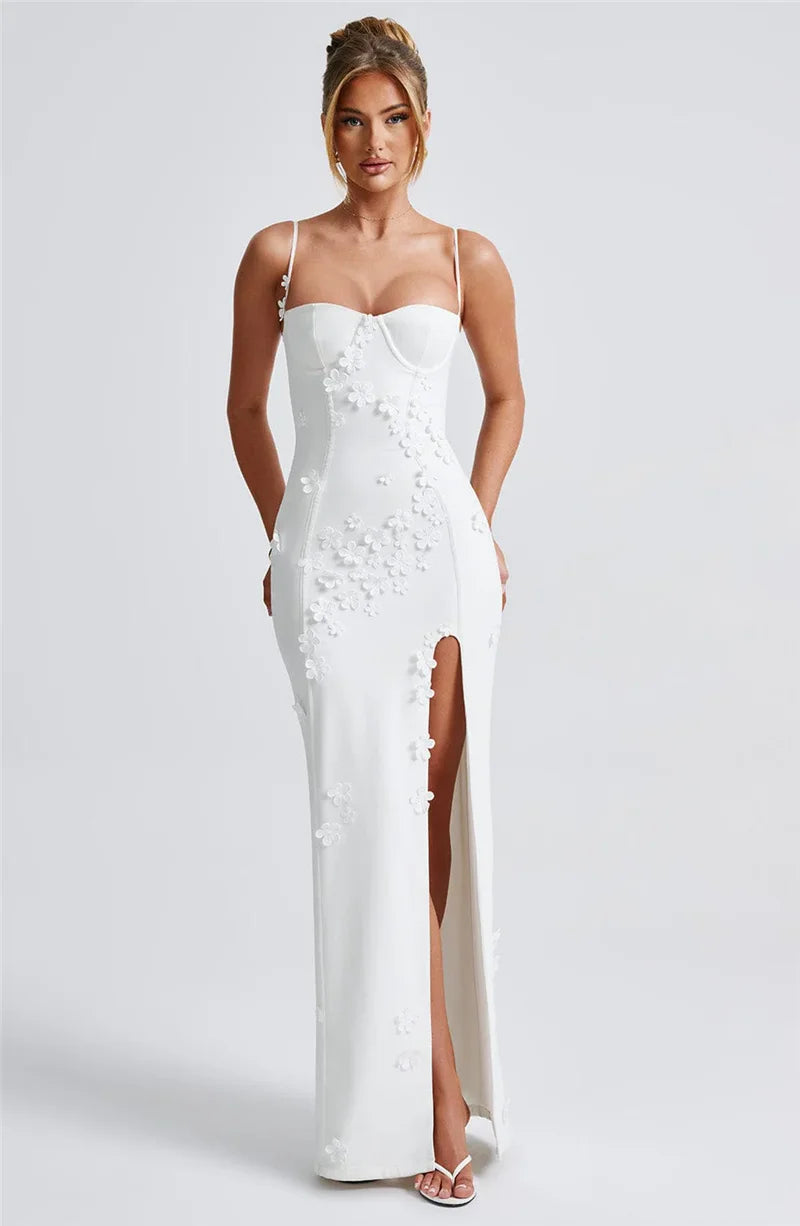 3D Floral Spaghetti Strap Sexy Maxi Dress for Women - Off Shoulder Backless Thigh High Split Evening Gown | Perfect for Club Parties, Date Nights & Summer Vacations