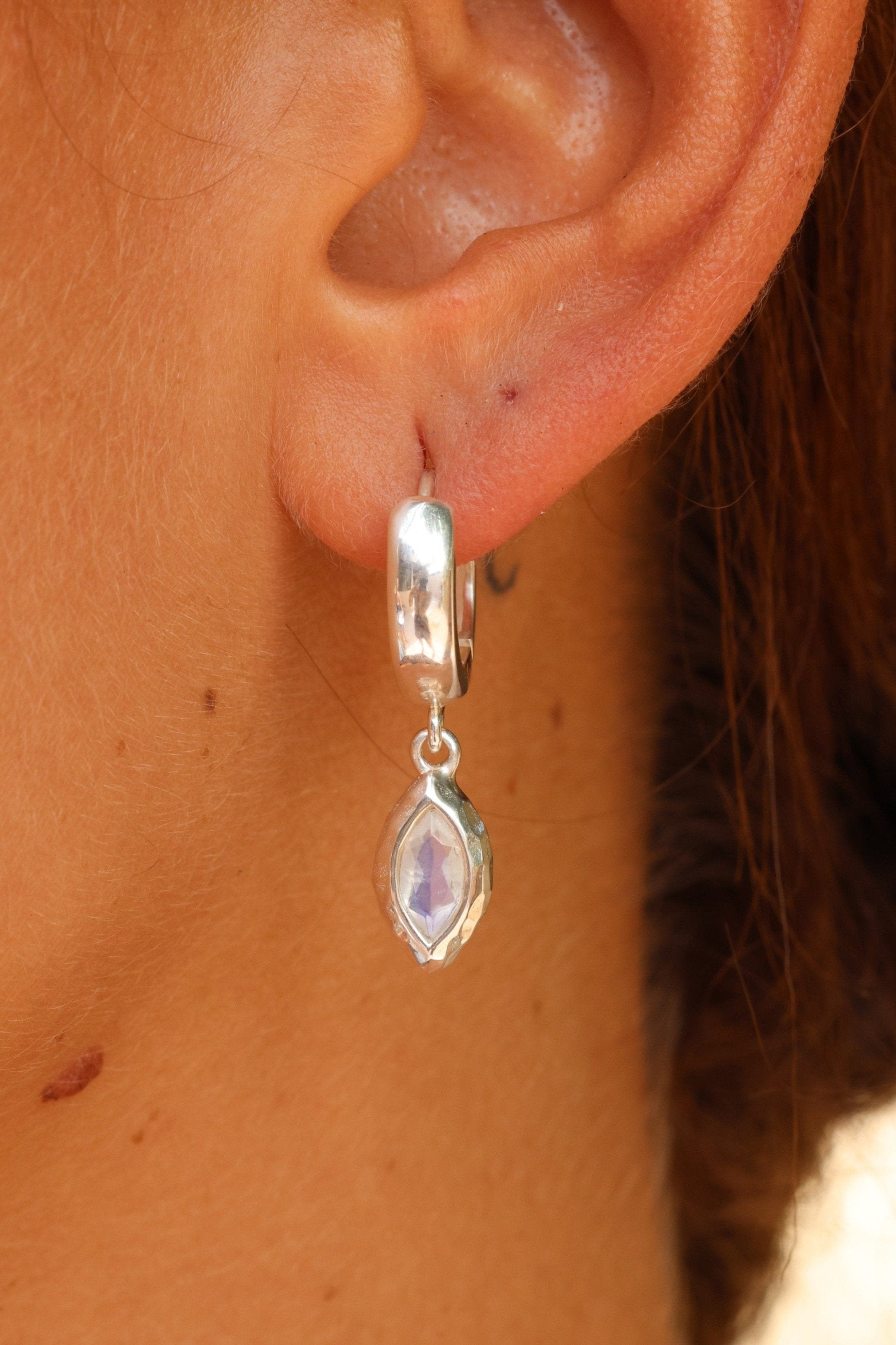 Belle Moonstone Silver Huggie Earrings for Women - Dainty Sterling Silver Hoop Earrings for Everyday Wear, Gift for Her, Boho Jewelry for Casual & Party Outfits