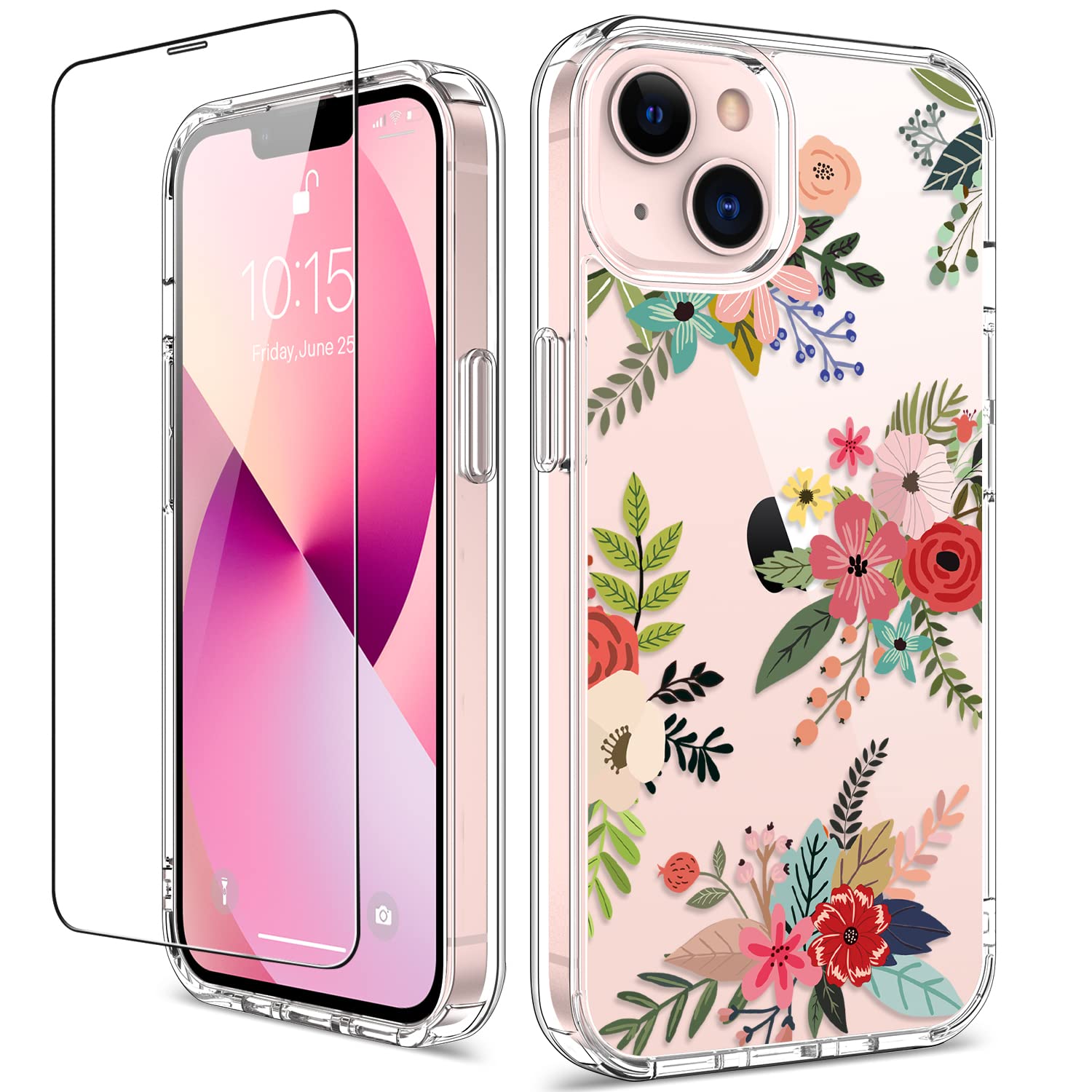 GiiKa iPhone 13 Case with Screen Protector - Clear Full Body Protective Floral Design Shockproof Hard Case with TPU Bumper Cover for Women & Girls | Perfect for Everyday Use, Work, School & Travel