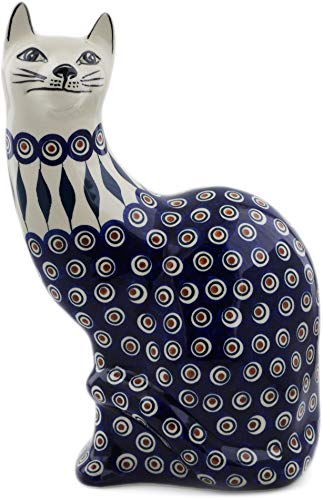 Authentic Polish Pottery 13-inch Cat Figurine - Handcrafted Peacock Design with Certificate of Authenticity | Unique Home Decor, Gift for Cat Lovers & Collectors
