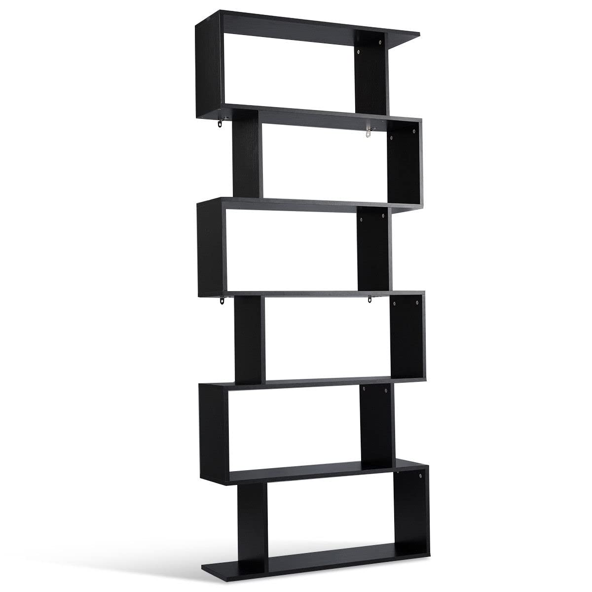 6-Tier S-Shaped Wooden Bookshelf - Freestanding Decorative Storage Shelf & Room Divider for Living Room, Home Office | Z-Shelf Style Bookcase for Display & Organization