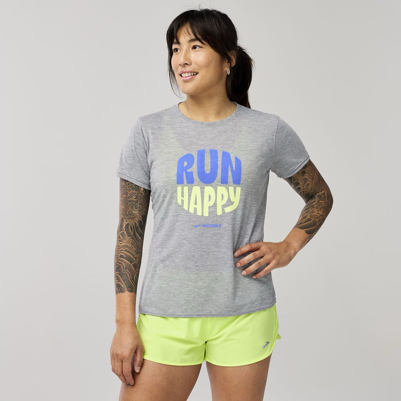 Women's Running Short Sleeve Shirt - Nike Distance 3.0 Tech Top in Heather Ash/Run Happy - Lightweight Moisture-Wicking Performance Tee for Jogging, Gym Workouts & Outdoor Activities