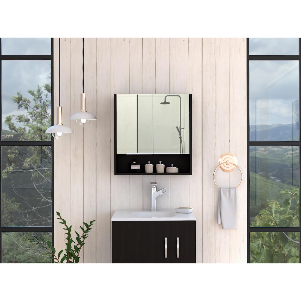 Tuhome Jaspe Mirror Cabinet with 3 Internal Shelves & Open Shelf - Double Door Bathroom Storage for Makeup & Organizing - Black