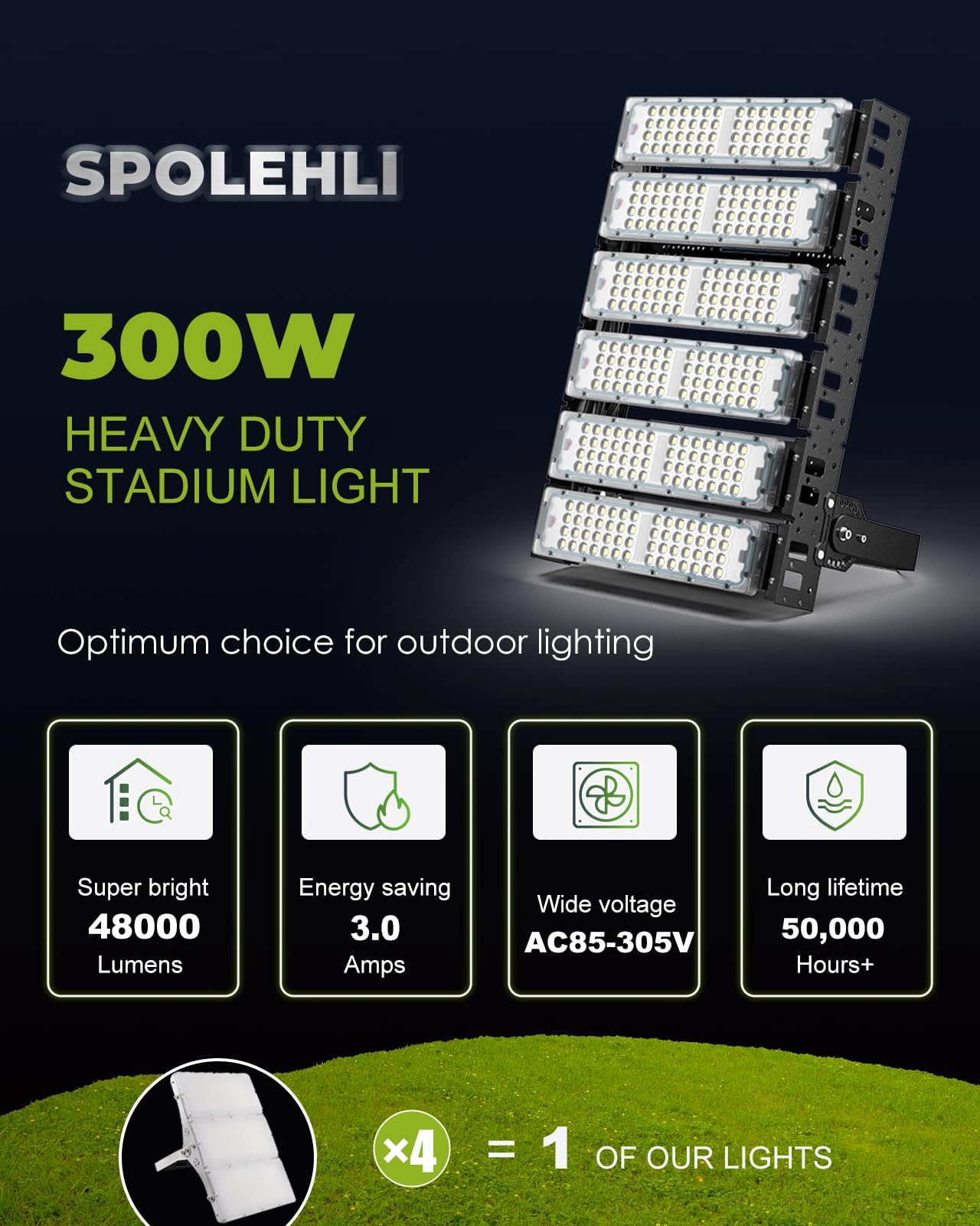2000W Equivalent LED Stadium Flood Lights - 48000LM Super Bright, 6500K Daylight White, IP66 Waterproof, 85-305V, 300W Outdoor Arena Lighting with 5-Year Warranty - Perfect for Sports Fields, Parking Lots, and Large Outdoor Events