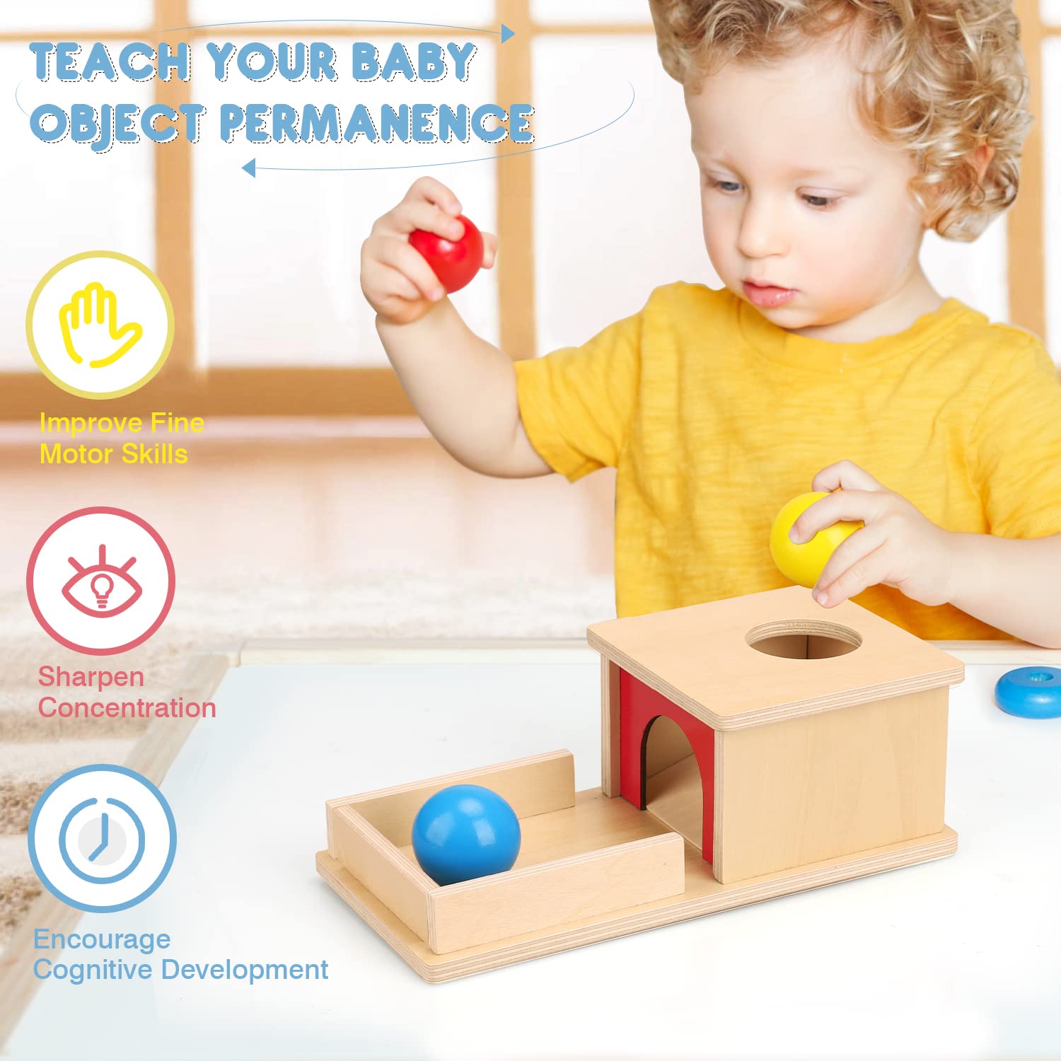 Montessori Wooden Ball Drop Toy Box with Tray & 3 Balls - Object Permanence Learning Toy for Babies 6-12 Months - Early Educational Montessori Baby Toy for Sensory Play & Fine Motor Skills Development - Perfect for Daycare, Homeschooling & Toddler Playtime