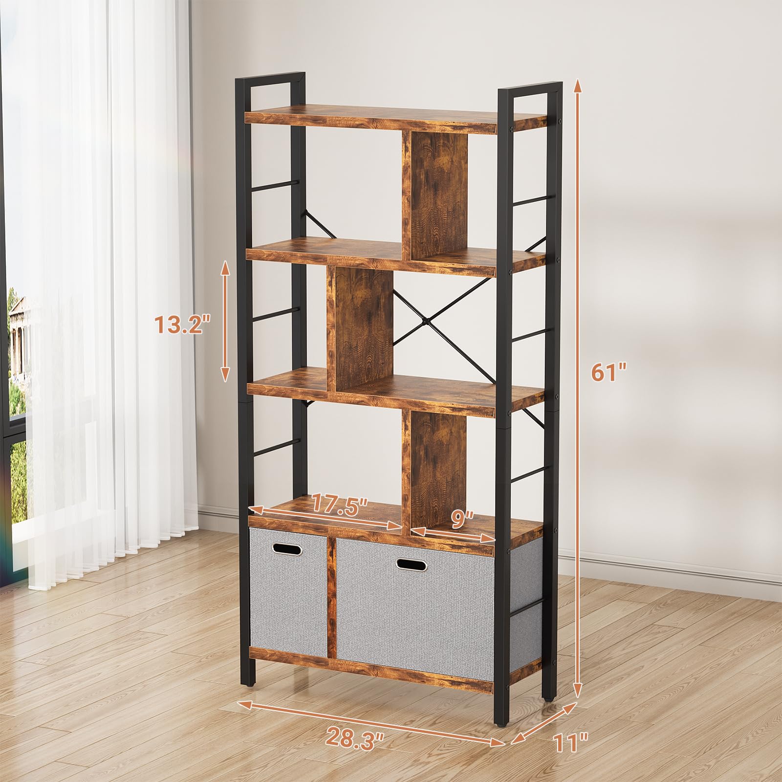 Armocity 5-Tier Geometric Bookcase with Drawers - Modern Tall Bookshelf with Storage, Rustic Brown Wooden Display Shelf for Living Room, Bedroom & Home Office - Perfect for Organizing Books, Decor & Office Supplies