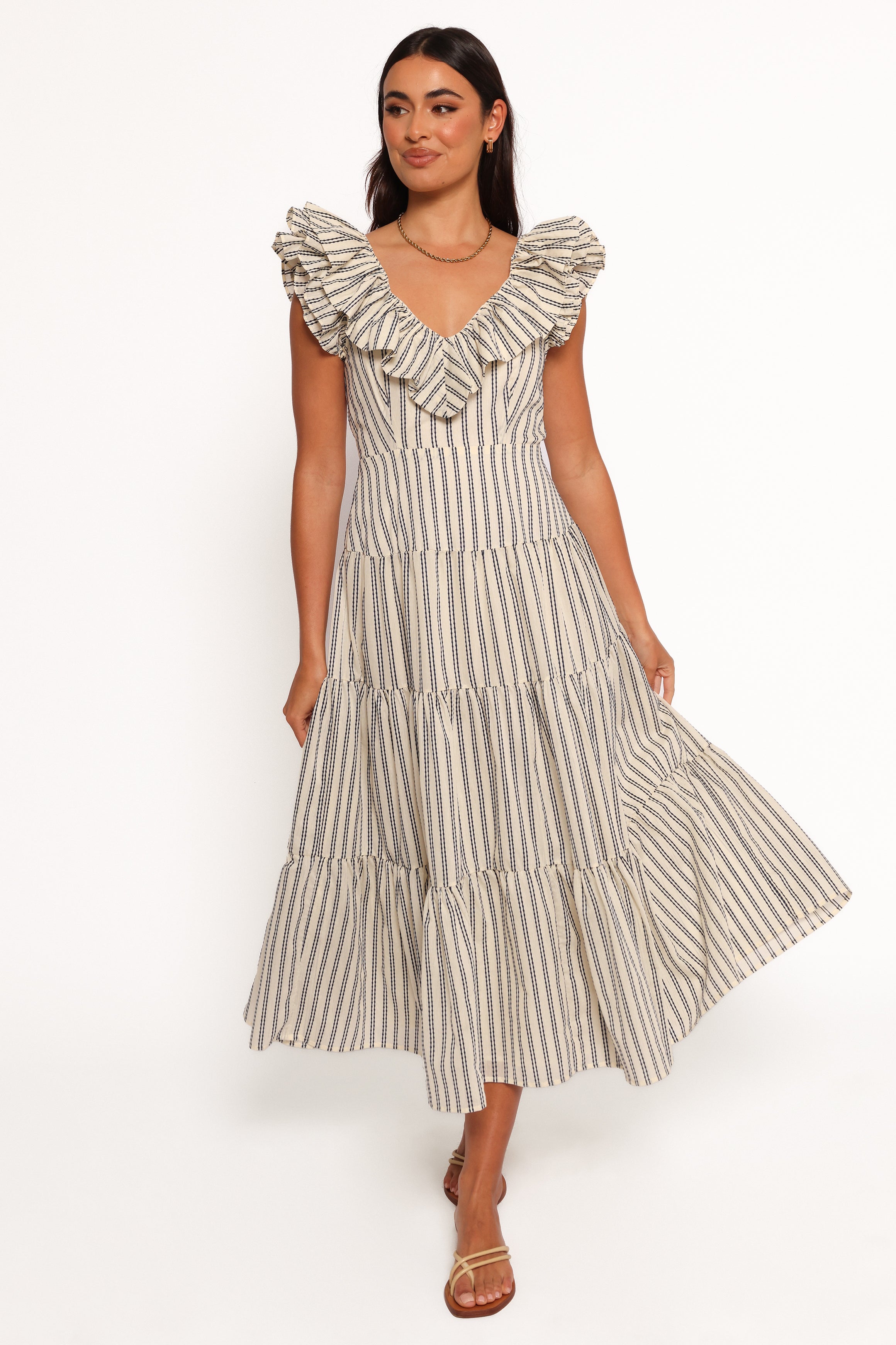 Bobbie Midi Dress - Neutral Stripe Flowy Summer Dress for Women | Perfect for Beach Vacations, Brunch Dates & Casual Outings