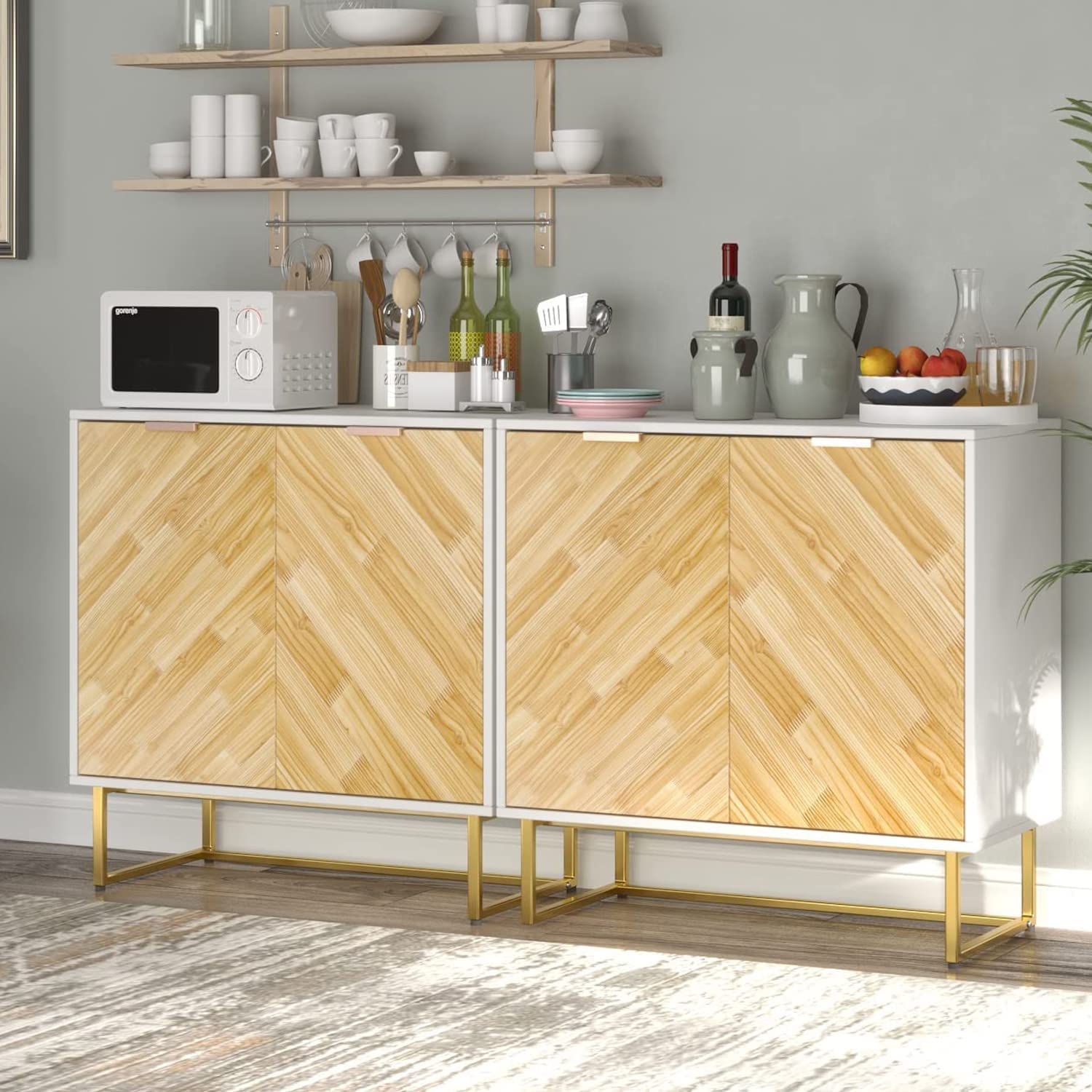 Modern White Sideboard Buffet Cabinet with Storage & Gold Metal Base - Adjustable Shelf Entryway Accent Cabinet for Living Room, Bedroom, Hallway - Set of 2 - Perfect for Home Decor, Dining Room Storage & Space Organization