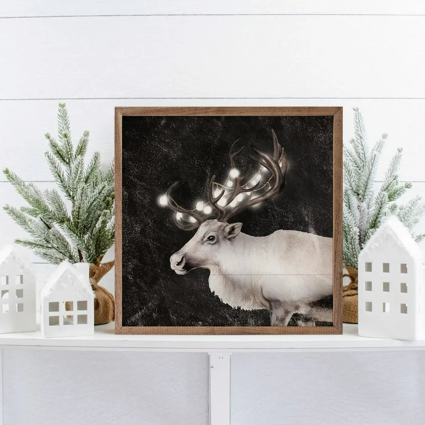 Glowing Reindeer Wood Framed Print - Christmas Wall Art Decor for Home, Office & Holiday Gift - Perfect for Living Room, Bedroom & Festive Decorations
