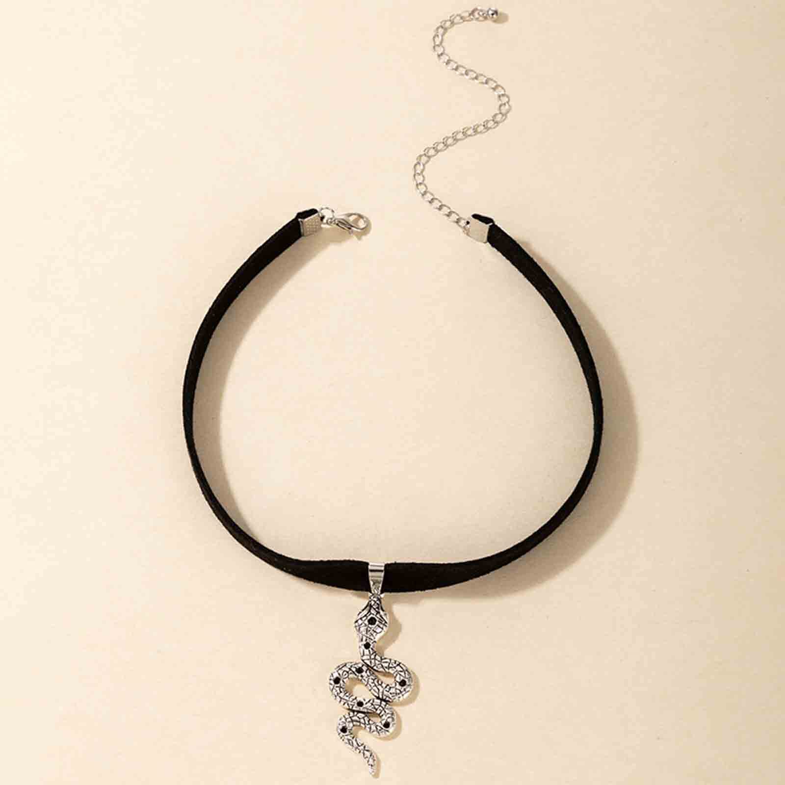 Gothic Punk Snake Necklace for Women - Silver Serpent Pendant with Black Velvet Choker Chain | Stretch Ribbon Gothic Jewelry | Perfect for Halloween, Cosplay, and Alternative Fashion