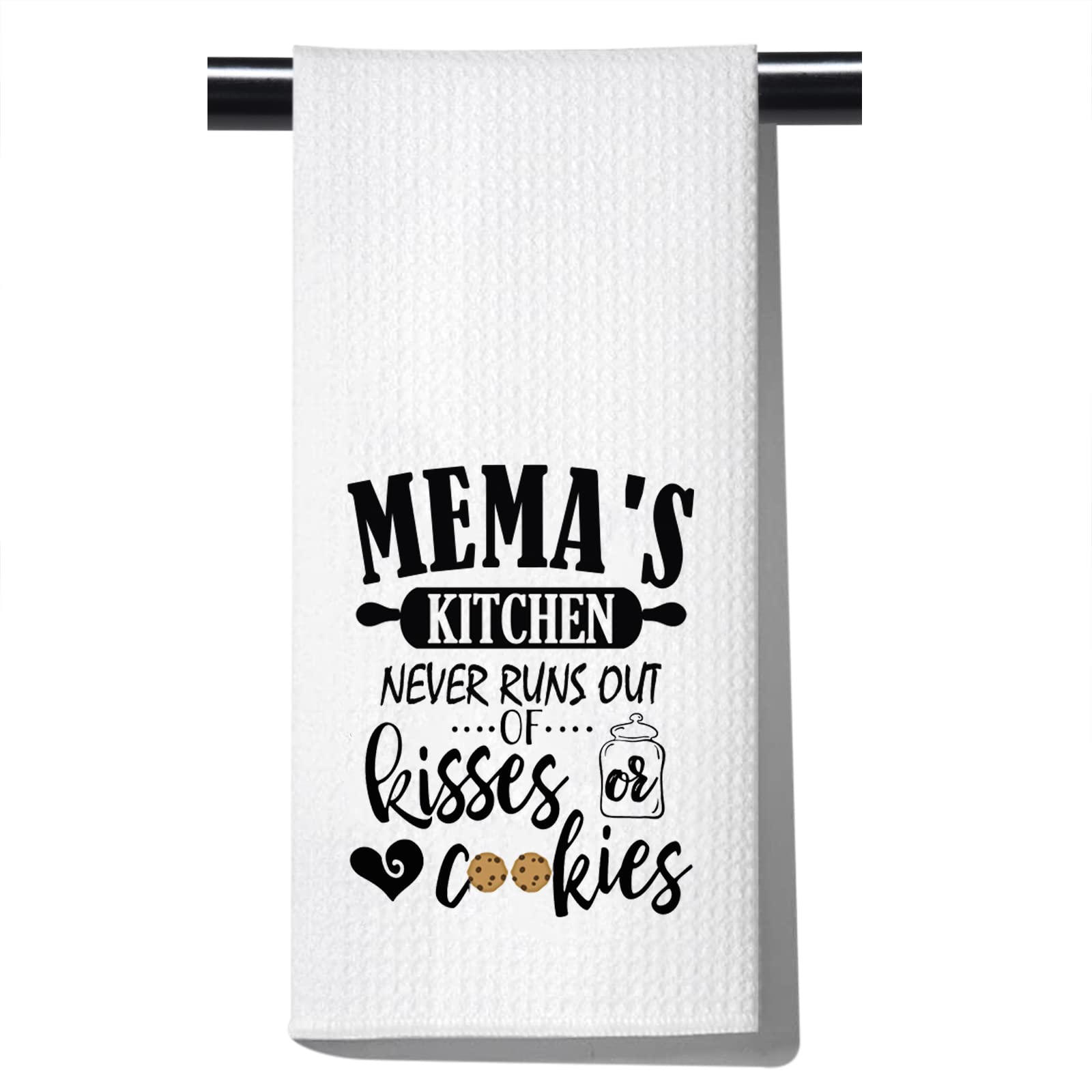 POFULL Mema Gift Dish Towel - Funny Grandma & Mother's Day Kitchen Decor - 'Mema's Kitchen Never Runs Out of Kisses & Cookies' - Perfect for Gifts, Home Decor & Farmhouse Style Kitchens