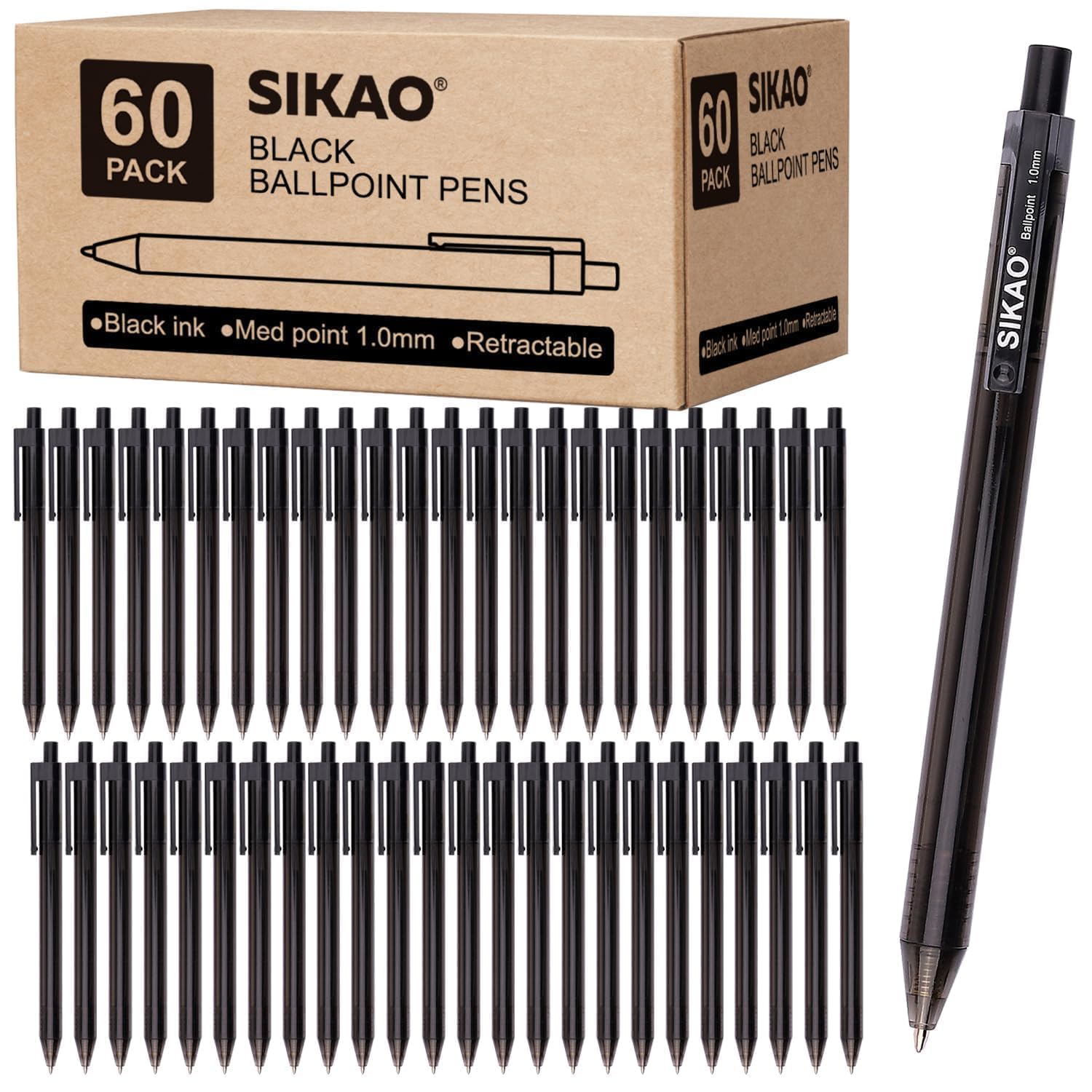 Bulk Black Ballpoint Pens - 60 Pack Smooth Writing No Smear Medium Point 1.0mm Retractable Click Pens for Office, School, Restaurant & Business Use - Premium Black Ink Pens for Everyday Writing Needs