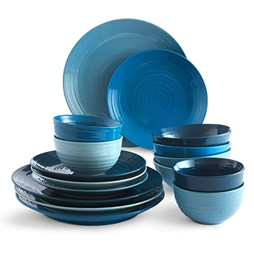 16-Piece Ocean Blue Dinnerware Set - Stoneware Plates & Bowls, Dishwasher & Microwave Safe for Casual Dining, Perfect for Everyday Meals & Family Gatherings